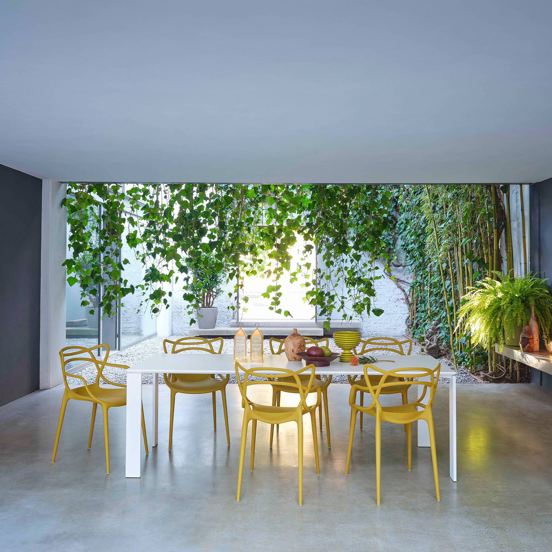Masters Dining Chairs in mustard yellow, indoor dining arrangement with contemporary Kartell furniture