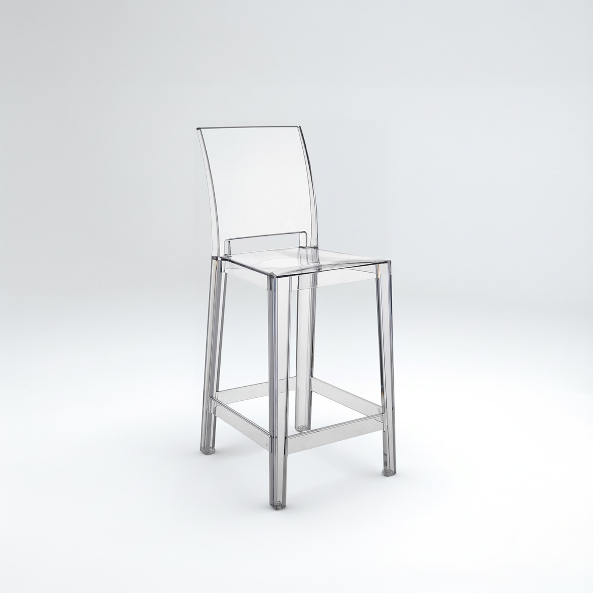 Transparent acrylic bar stool with sleek design and sturdy frame.