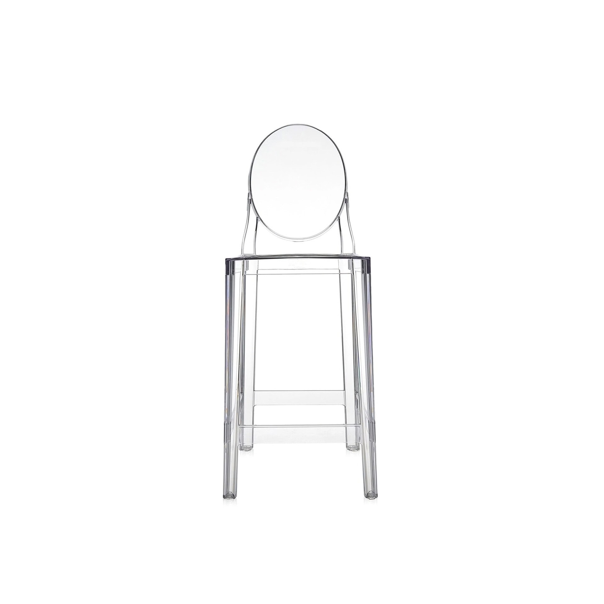 Transparent Kartell One More stool with rounded backrest, front view.
