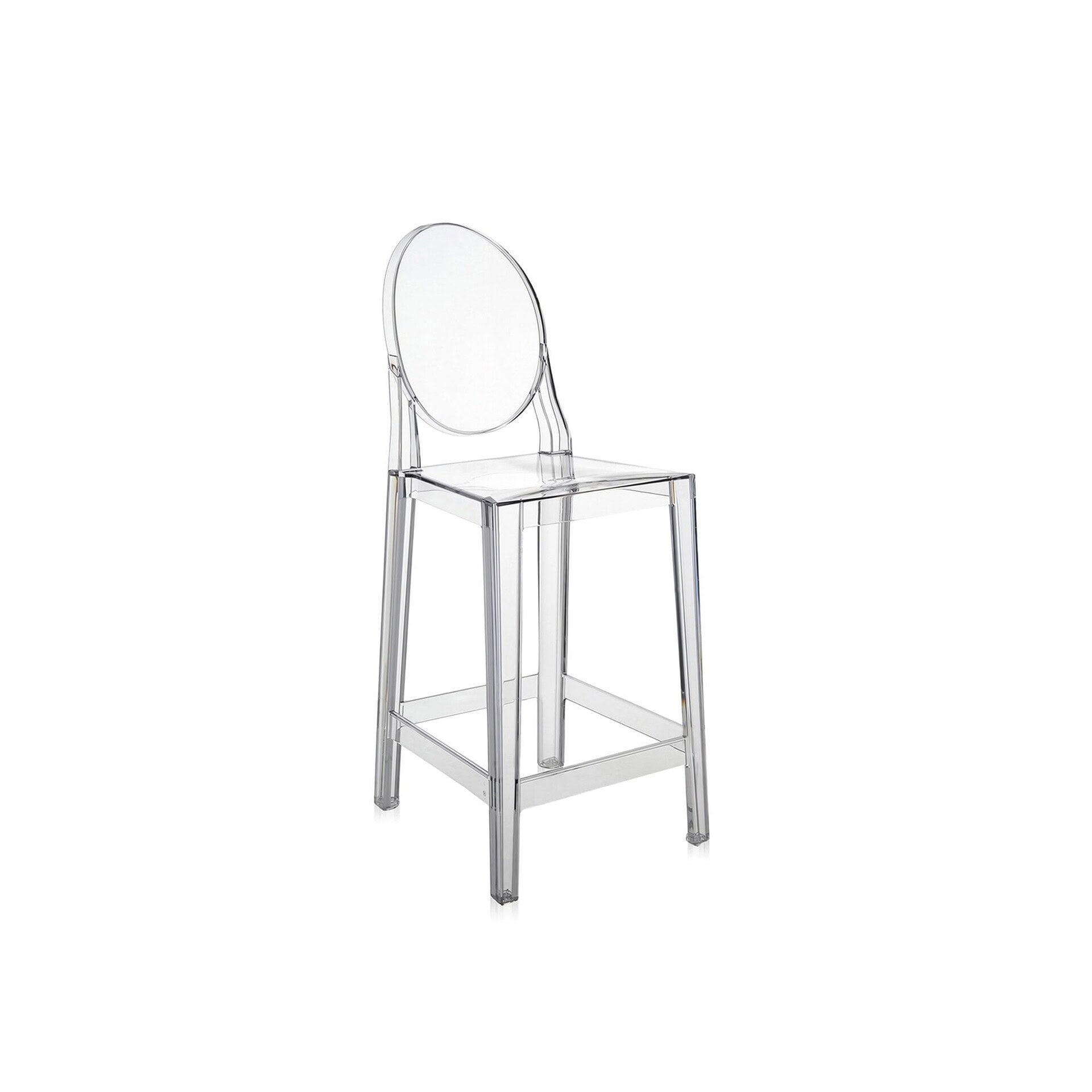 Transparent Kartell One More stool with rounded backrest, three-quarter angle view.