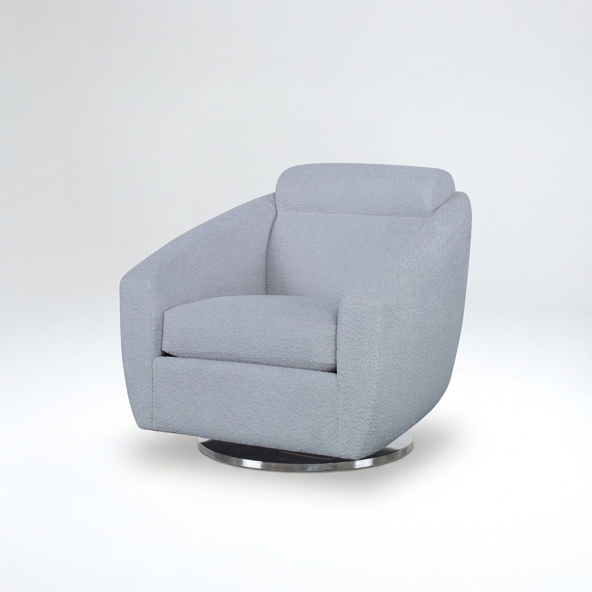 Contemporary grey upholstered swivel armchair with sleek metal base.