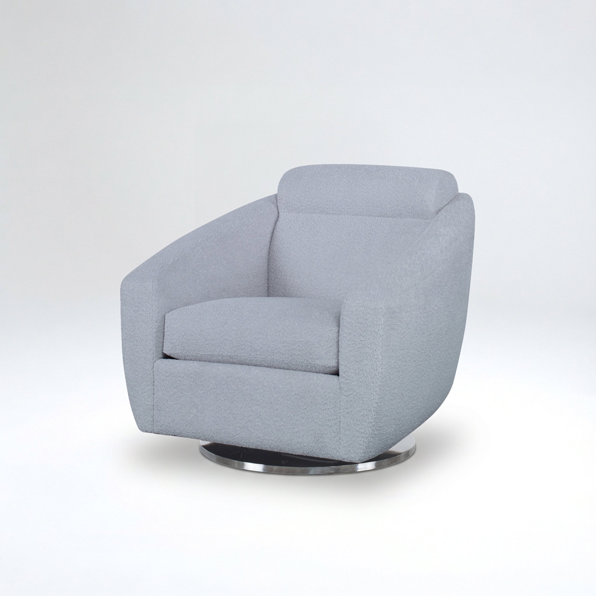 Contemporary grey upholstered swivel armchair with sleek metal base.