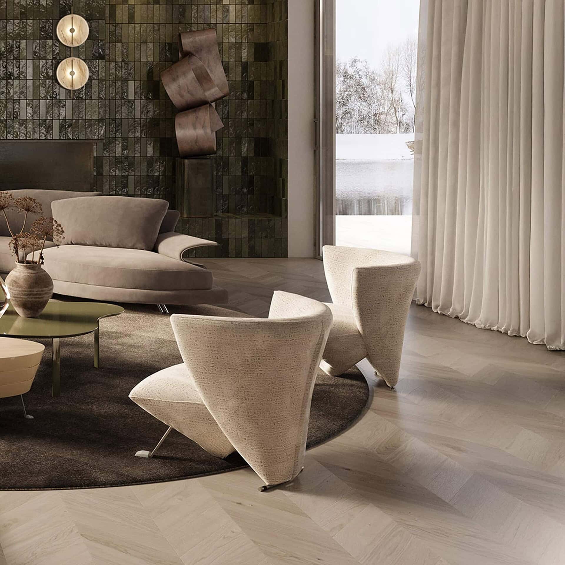 Jade Sculptural Armchairs arranged around a contemporary coffee table in a spacious, light-filled interior with floor-to-ceiling curtains.
