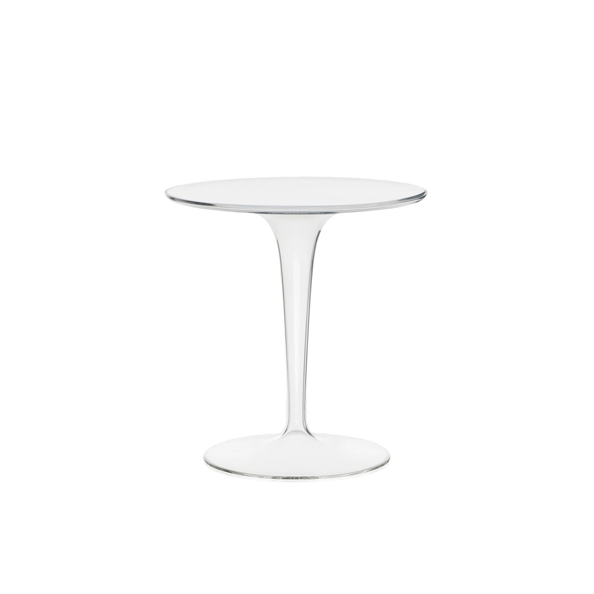 A transparent, modern side table with a round top, a slender trumpet-shaped stem, and a round base, set against a white background.