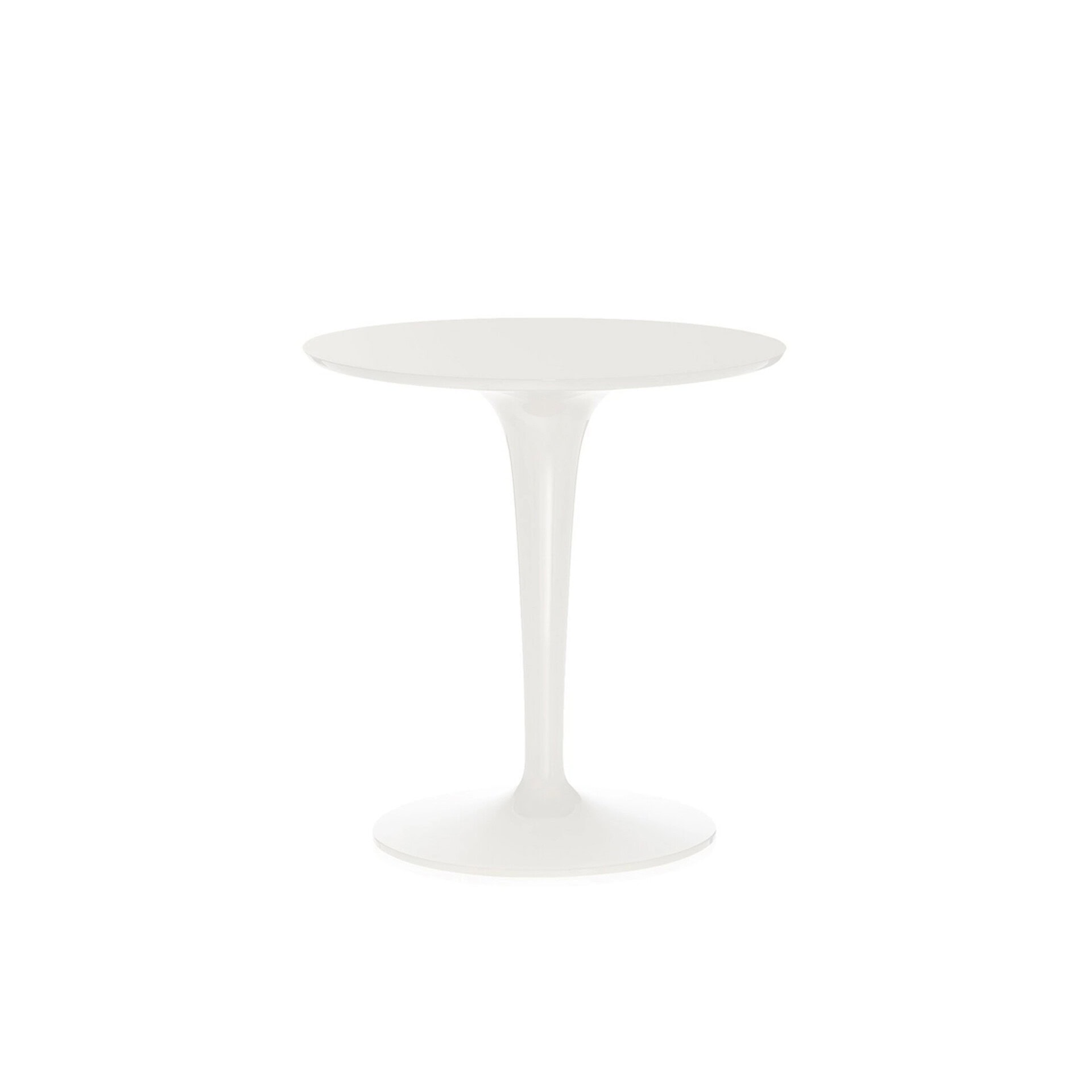 A white round pedestal table with a circular top and a fluted, tapering base, set against a white background.