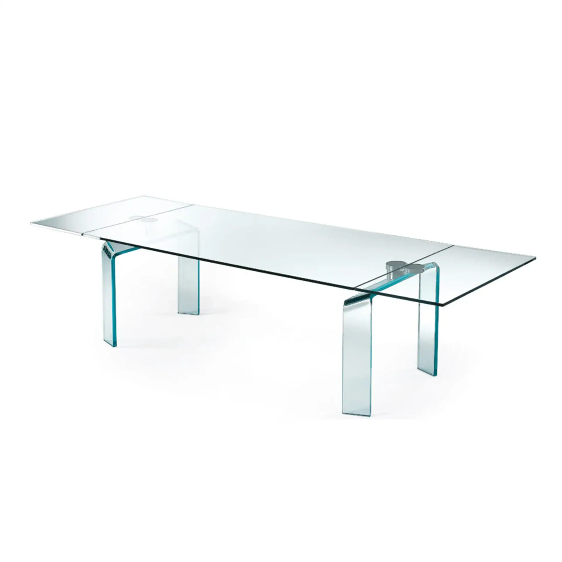 Modern extendable glass dining table with transparent legs.