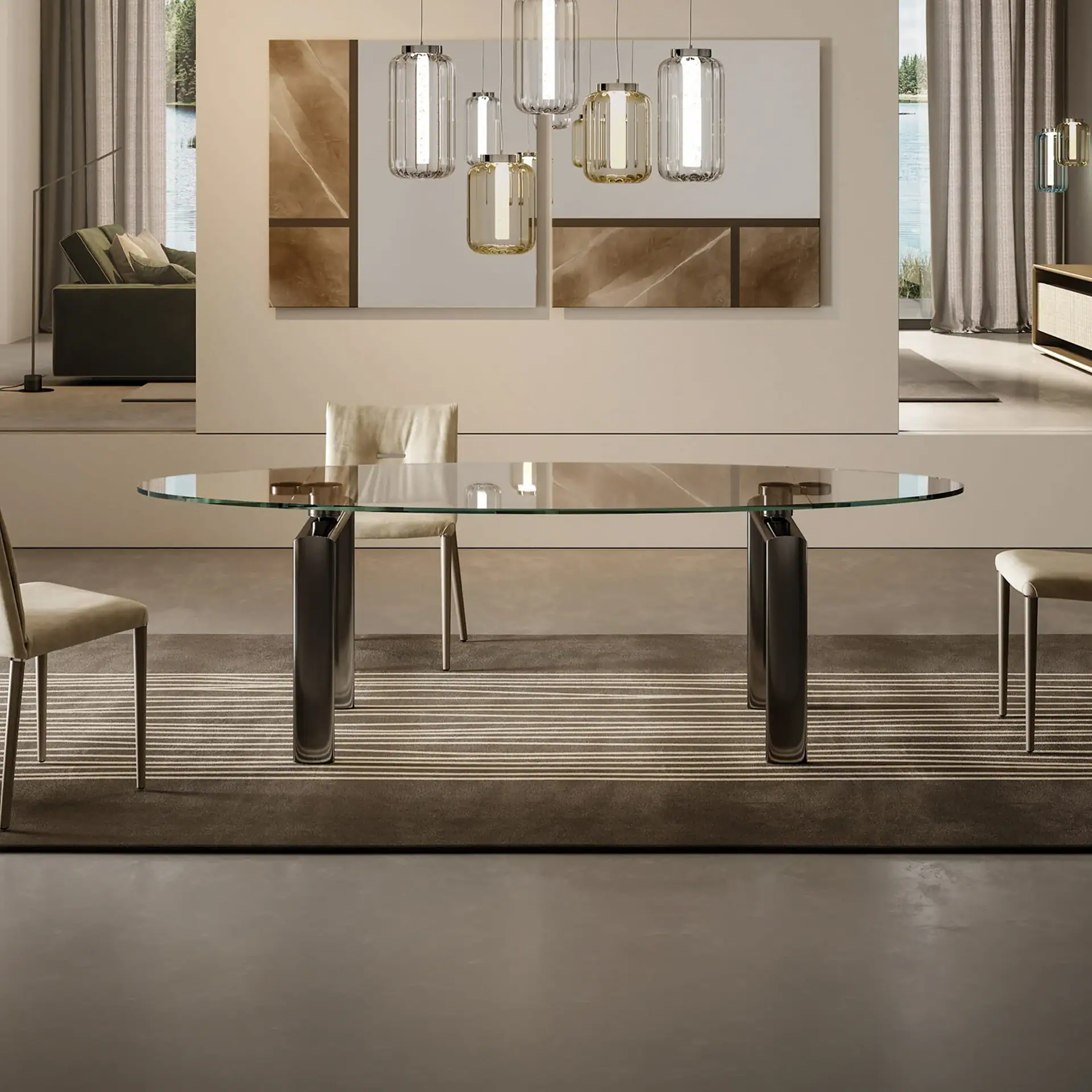 Modern glass dining table with black legs in stylish living room setting.