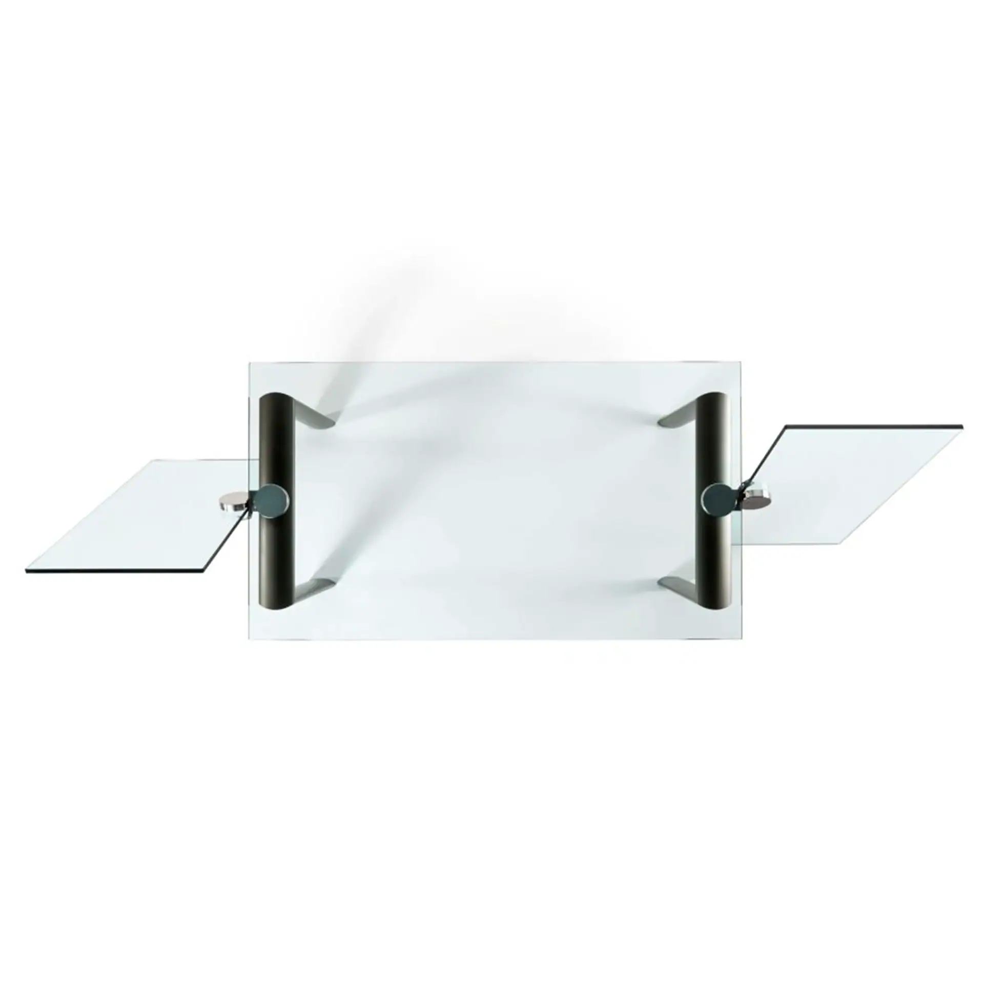 Modern extendable glass dining table with black supports and glass leaves.