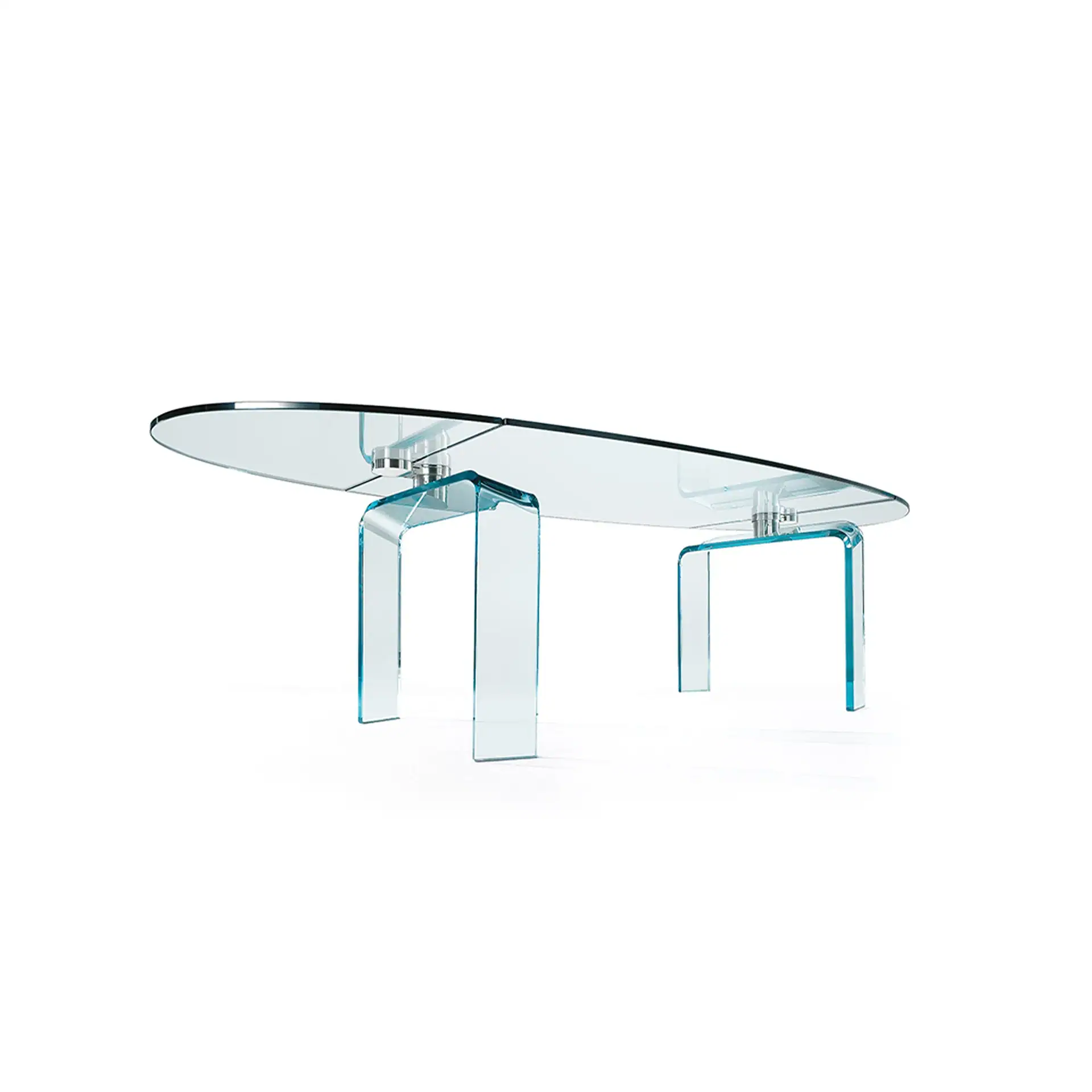 Modern glass dining table with unique curved design and transparent legs.