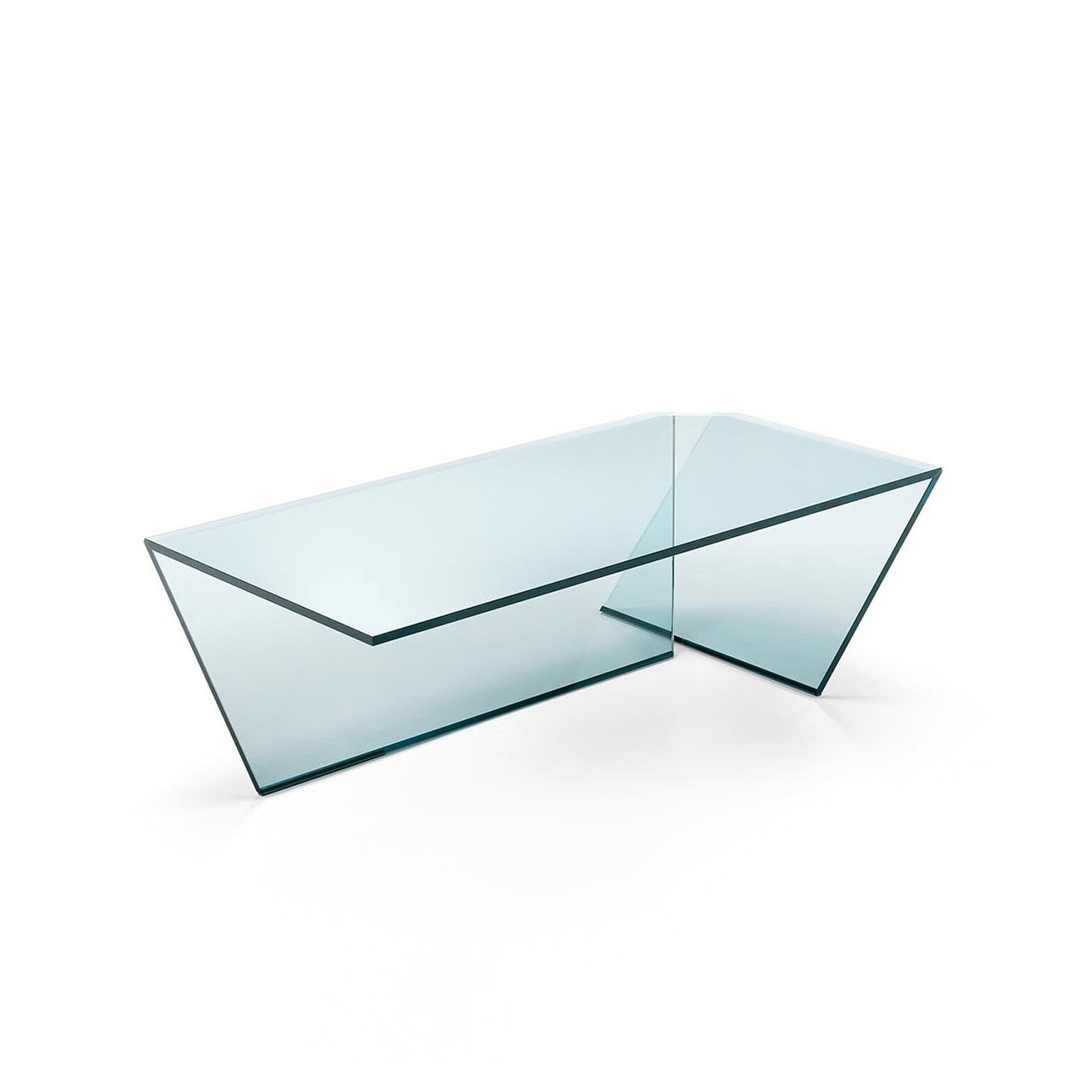 Modern glass coffee table with sleek geometric design for contemporary living spaces.