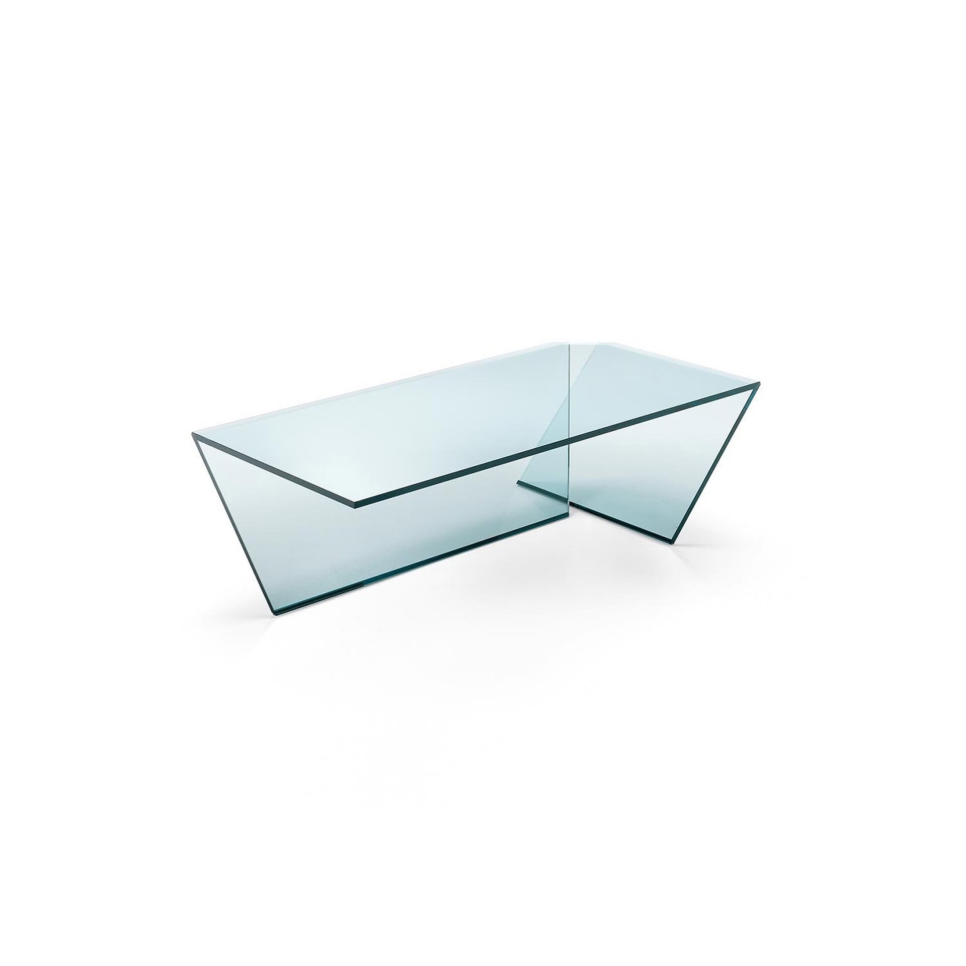 Studio product image of the Ti Low Table highlighting its sculptural glass form and inclined sides.