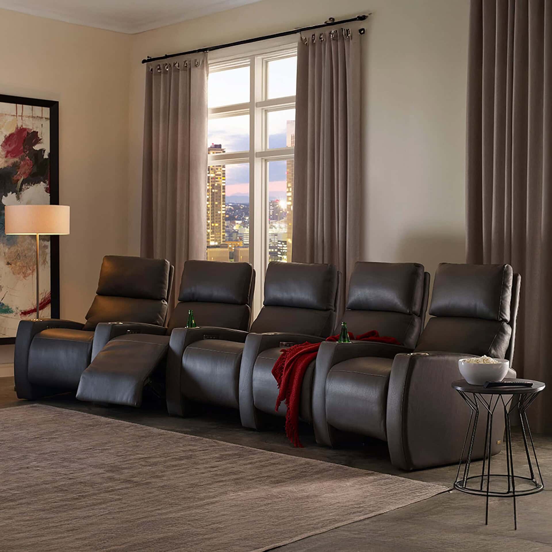 American Leather Monroe Home Theater Seating in black leather, four recliners with cup holders, media room setup