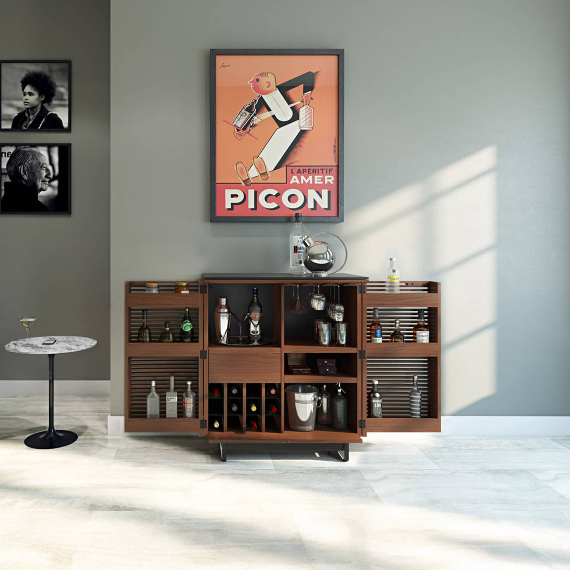 Stylish wooden bar cabinet with glassware and wine storage, modern home decor.