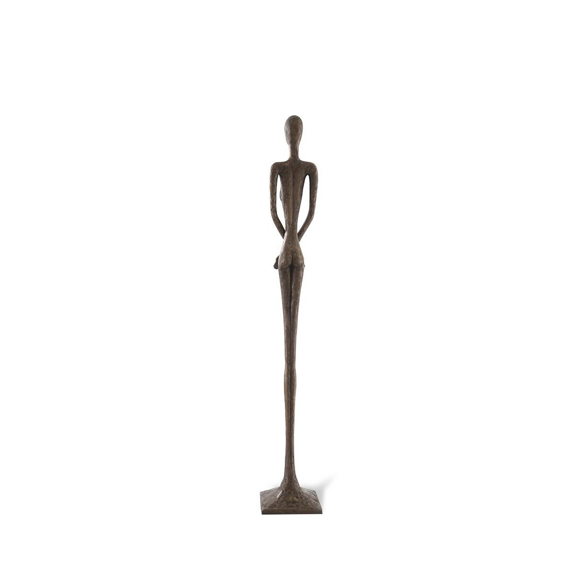 Bronze sculpture of a tall, elegant woman with elongated limbs and serene pose, perfect for contemporary interior accents.