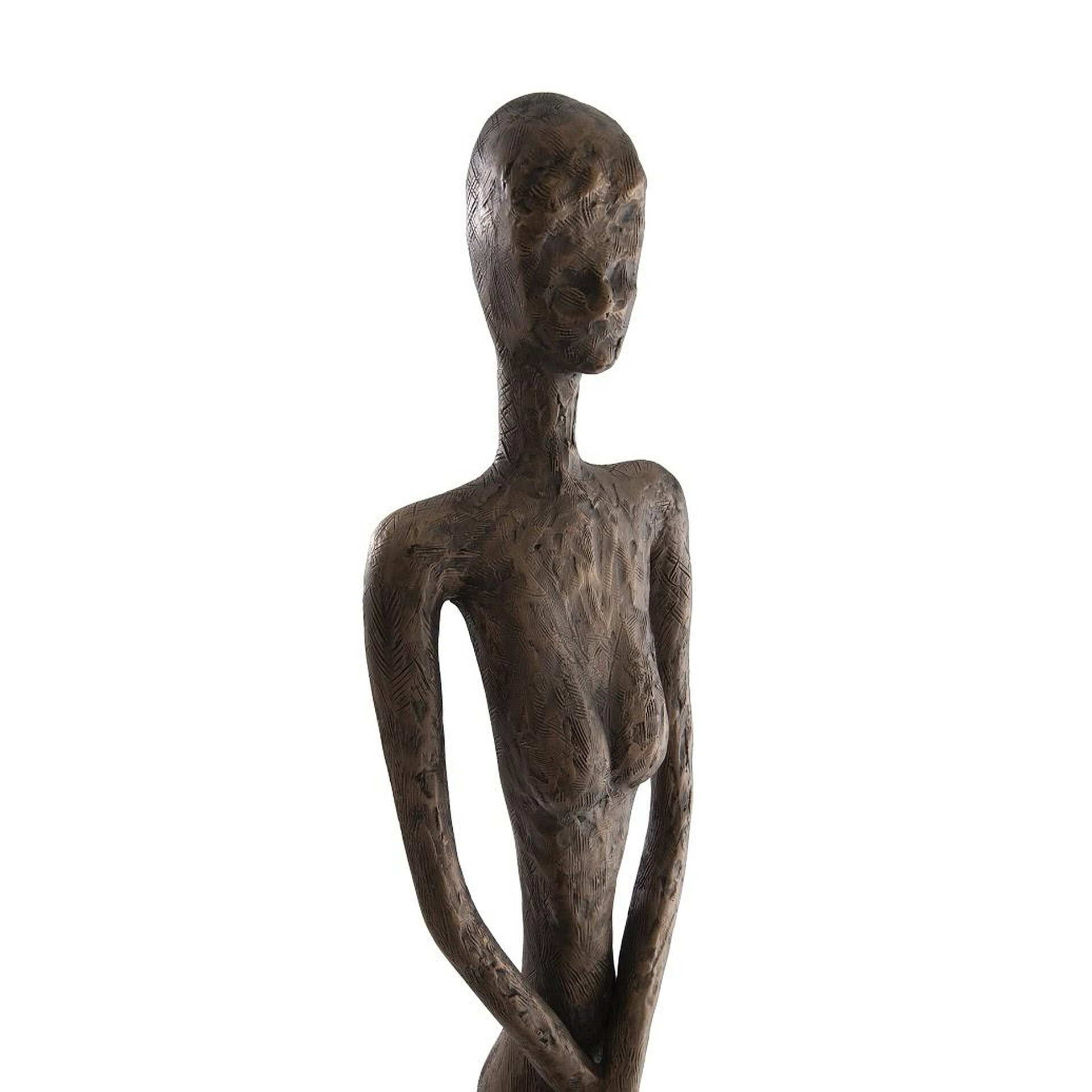 Dark wood modern female figure sculpture, handcrafted home decor piece, artistic African-inspired art.