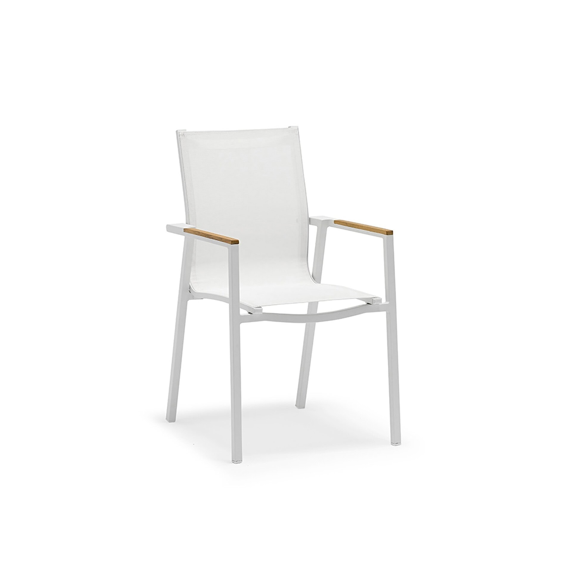Ella Dining Chair with white aluminum frame, teak armrests, and Batyline mesh seat and back on a white background