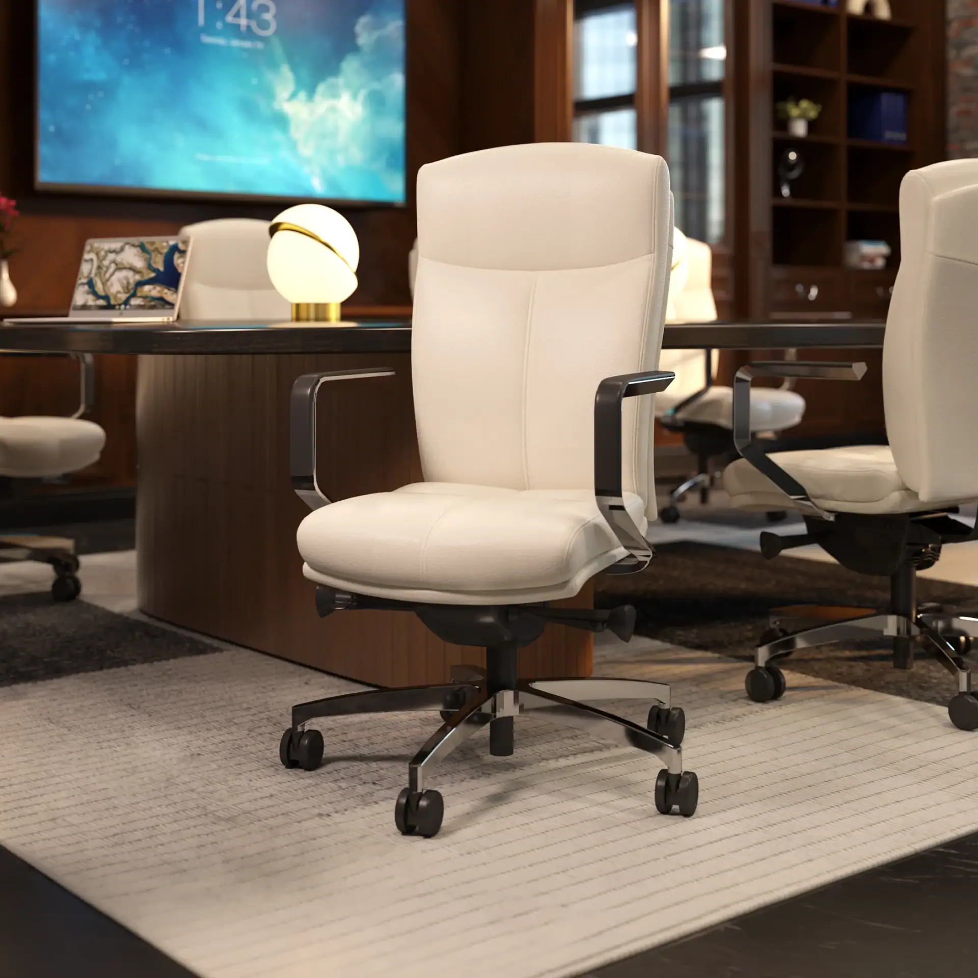 Carmel Office Chair mid back in neutral fabric with rolling base, shown in office setting