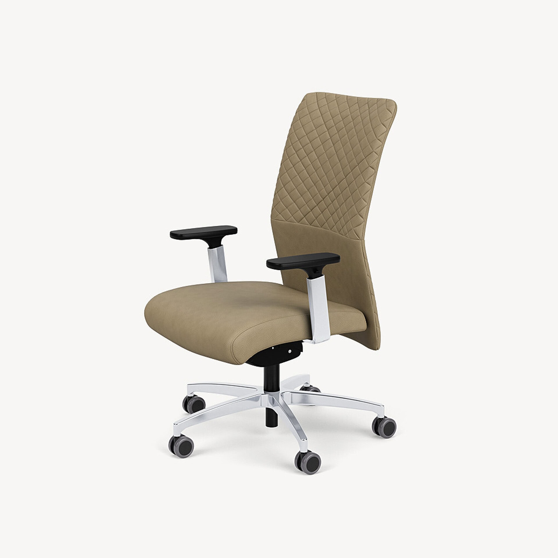 A light brown office chair with a quilted backrest, silver armrests, and a five-star wheeled base, shown against a white background.