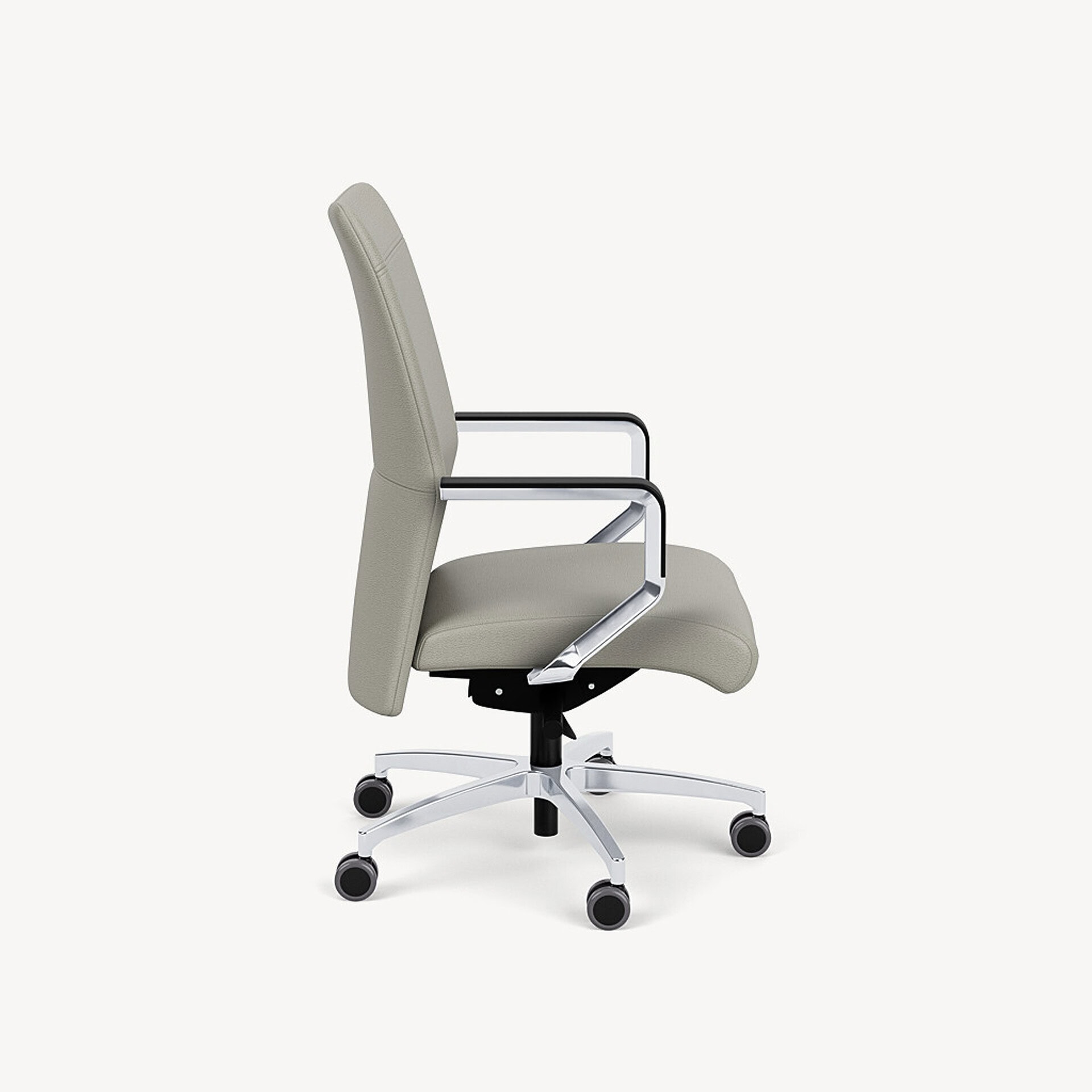 Side view of a modern light gray office chair with polished chrome armrests and a five-star wheeled base on a white background.