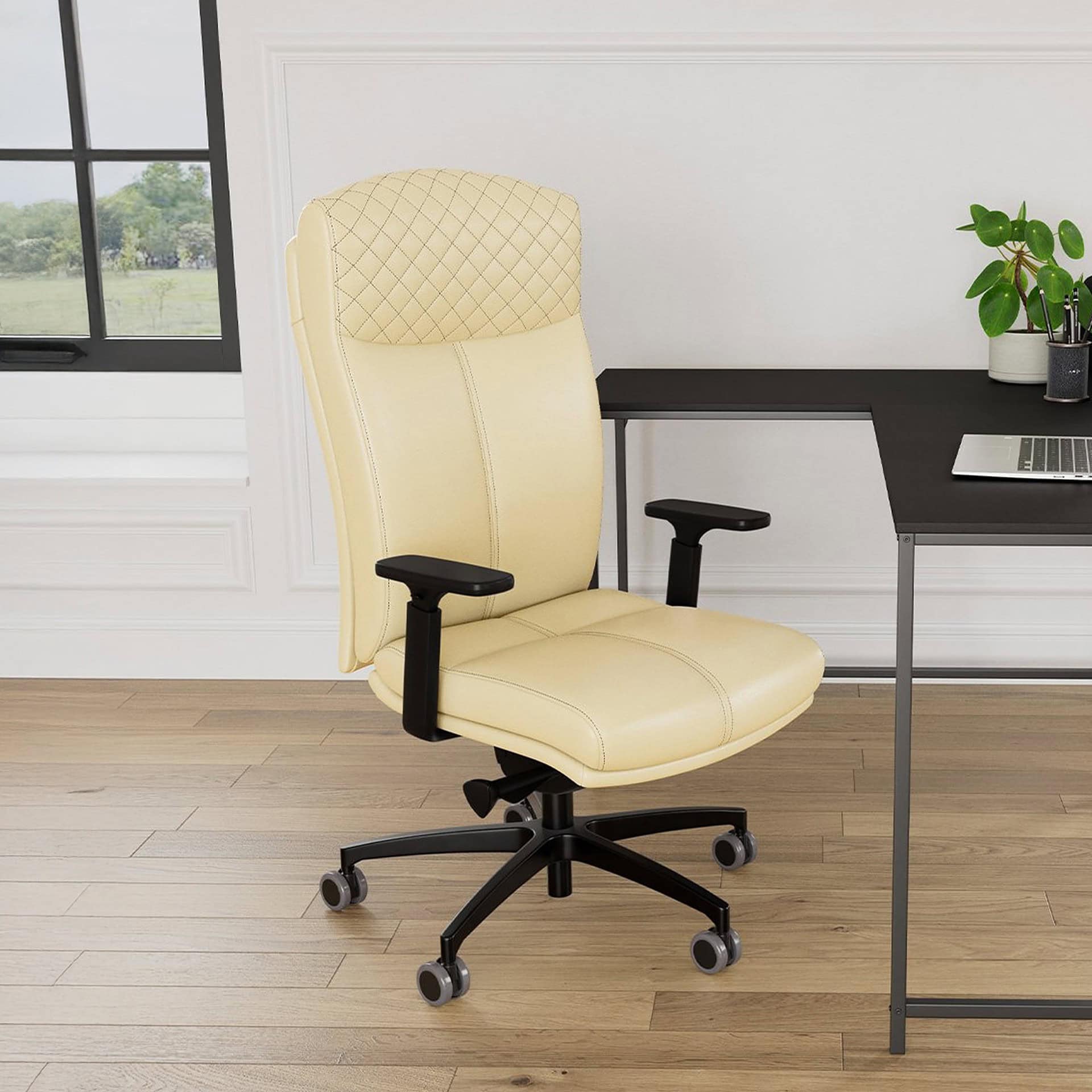 Carmel Office Chair mid back in yellow fabric with rolling base, shown in modern workspace