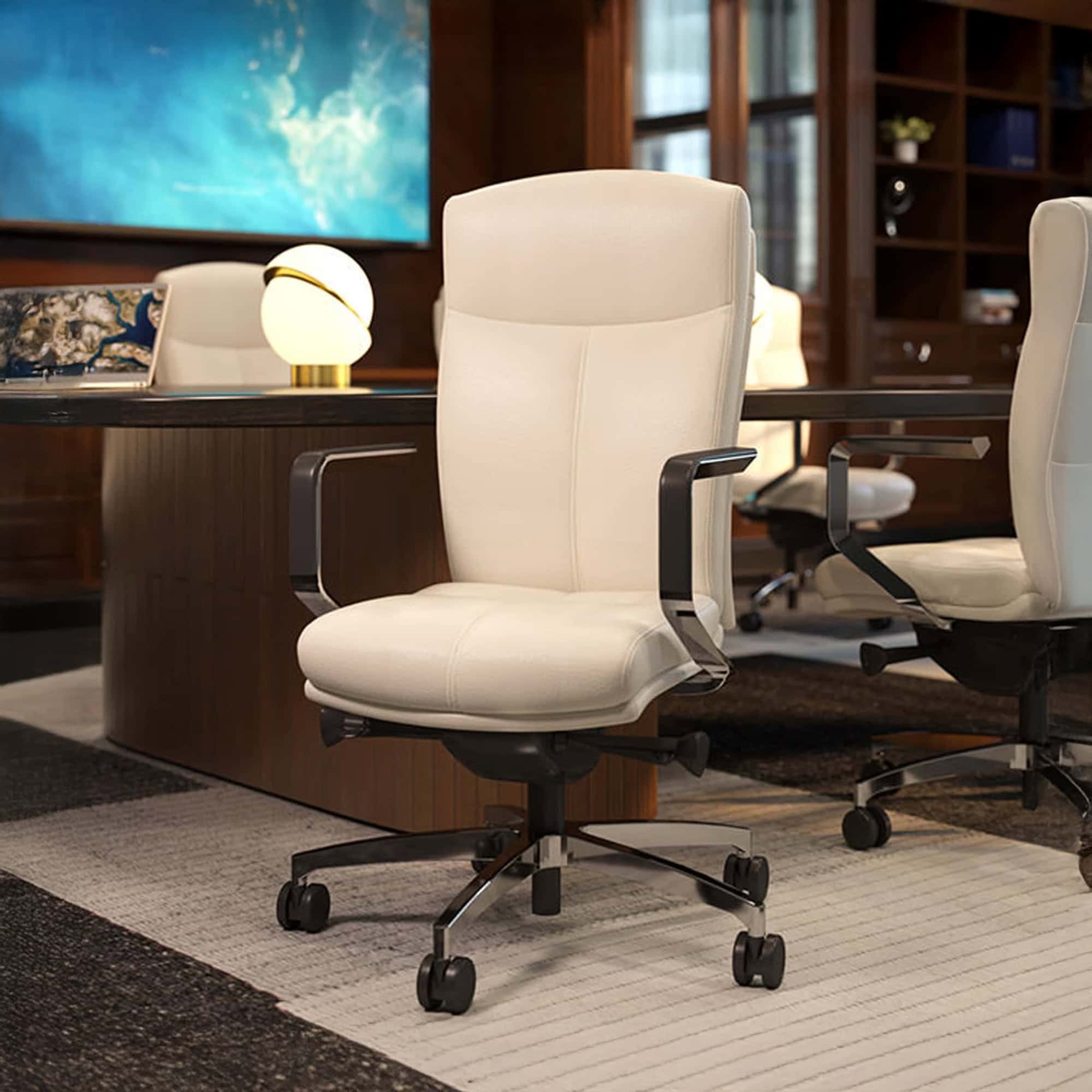 Carmel Office Chair mid back in neutral fabric with rolling base, shown in office setting