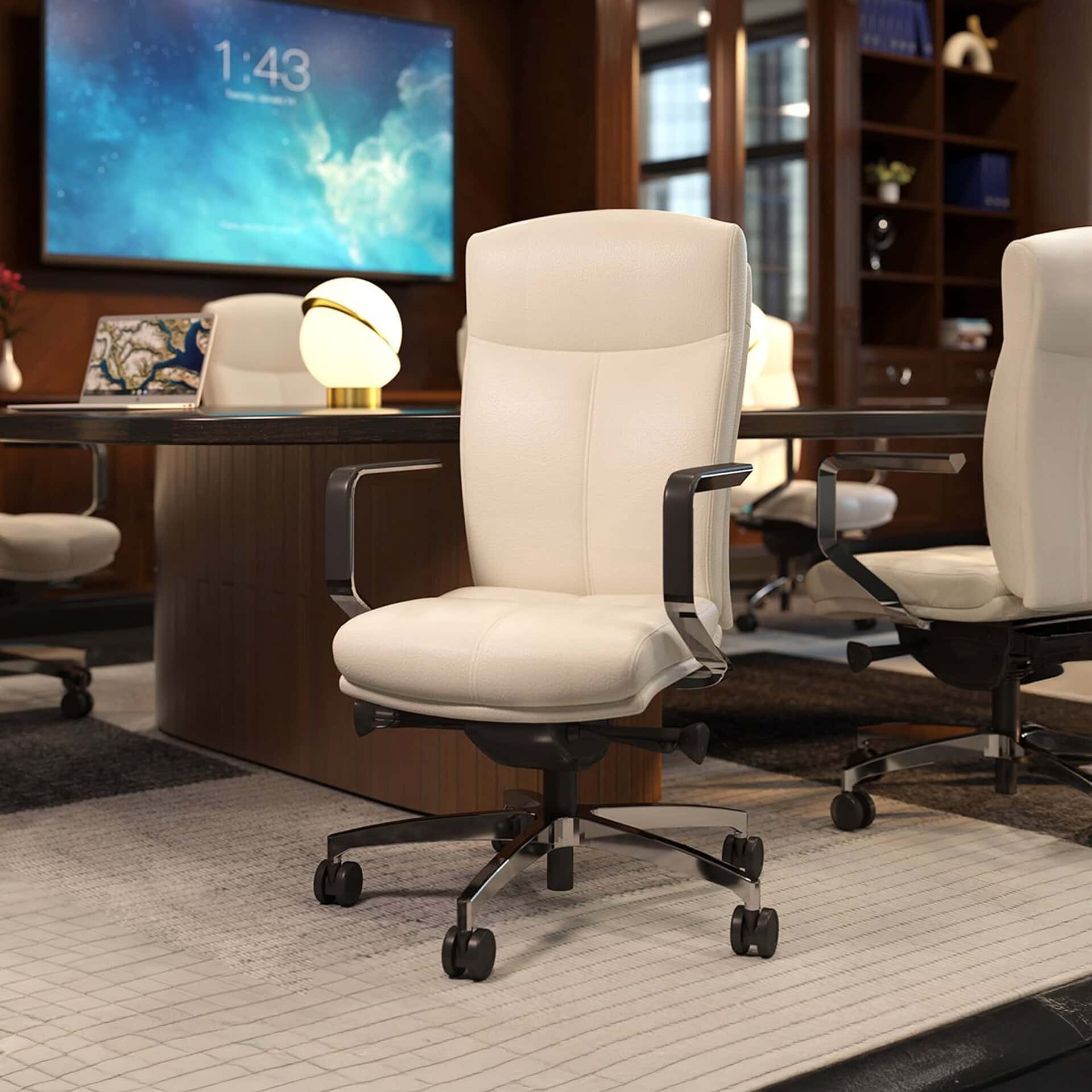 Carmel Office Chair mid back in neutral fabric with rolling base, shown in office setting