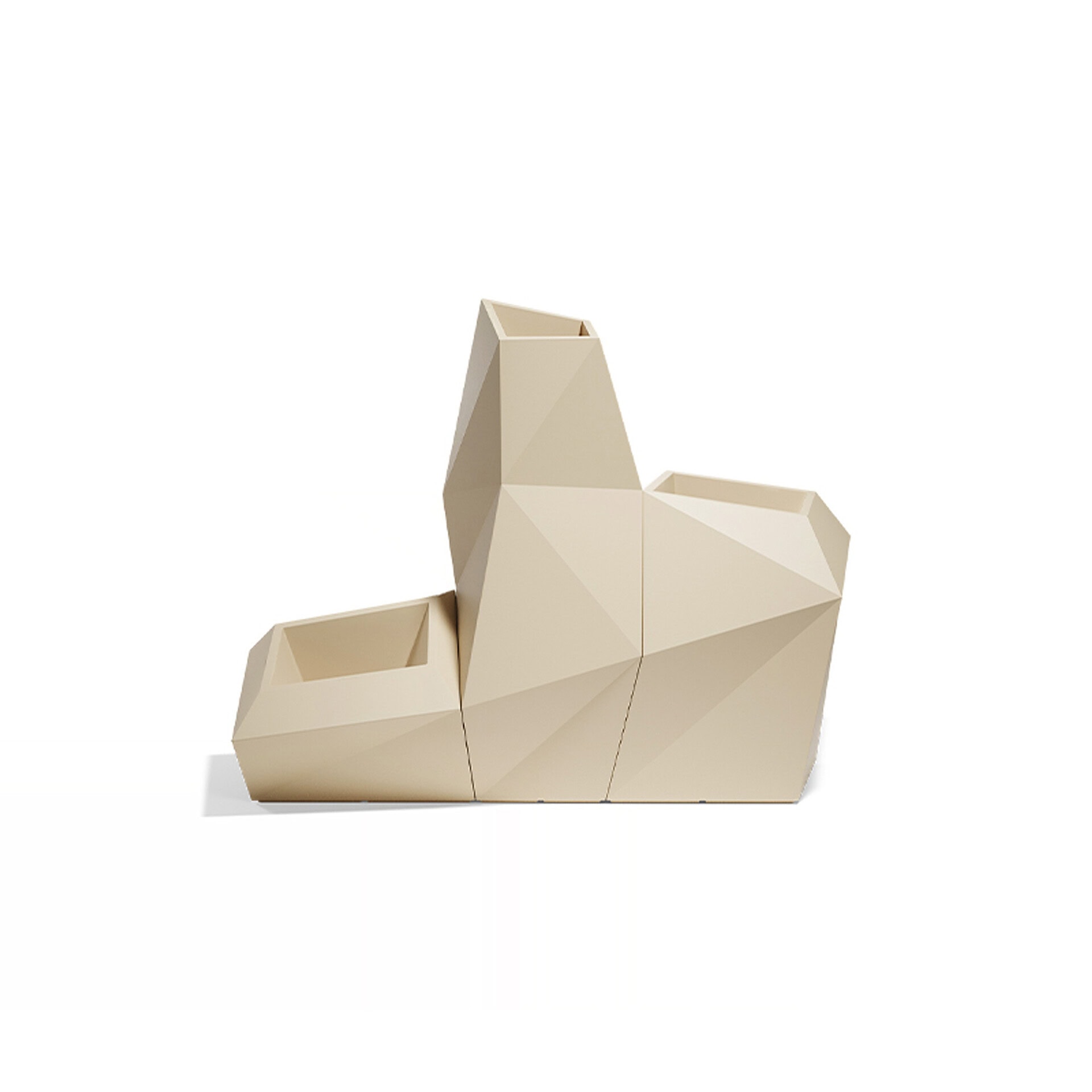 Stylish beige geometric armchair with angular design, perfect for modern living spaces.