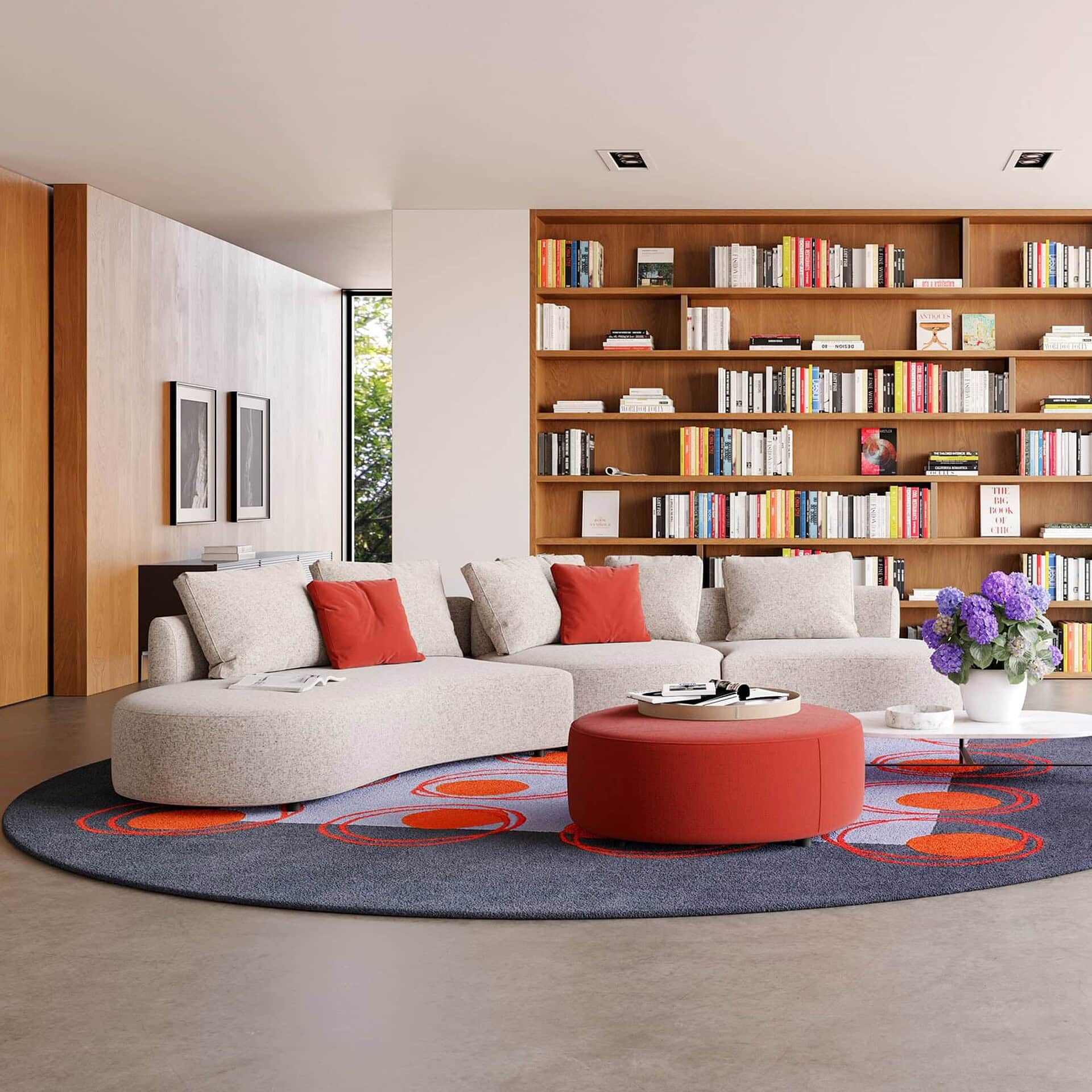 Modern living room with sleek sofa, colorful cushions, and a large bookshelf.