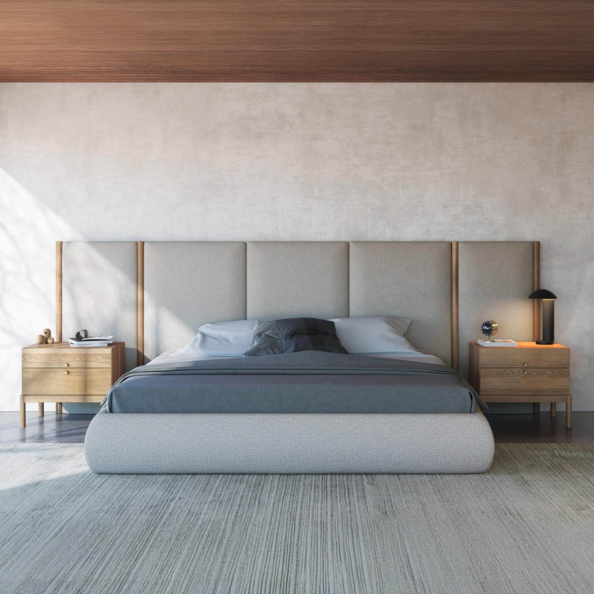 Elegant upholstered bed with a neutral color palette for a stylish bedroom look.