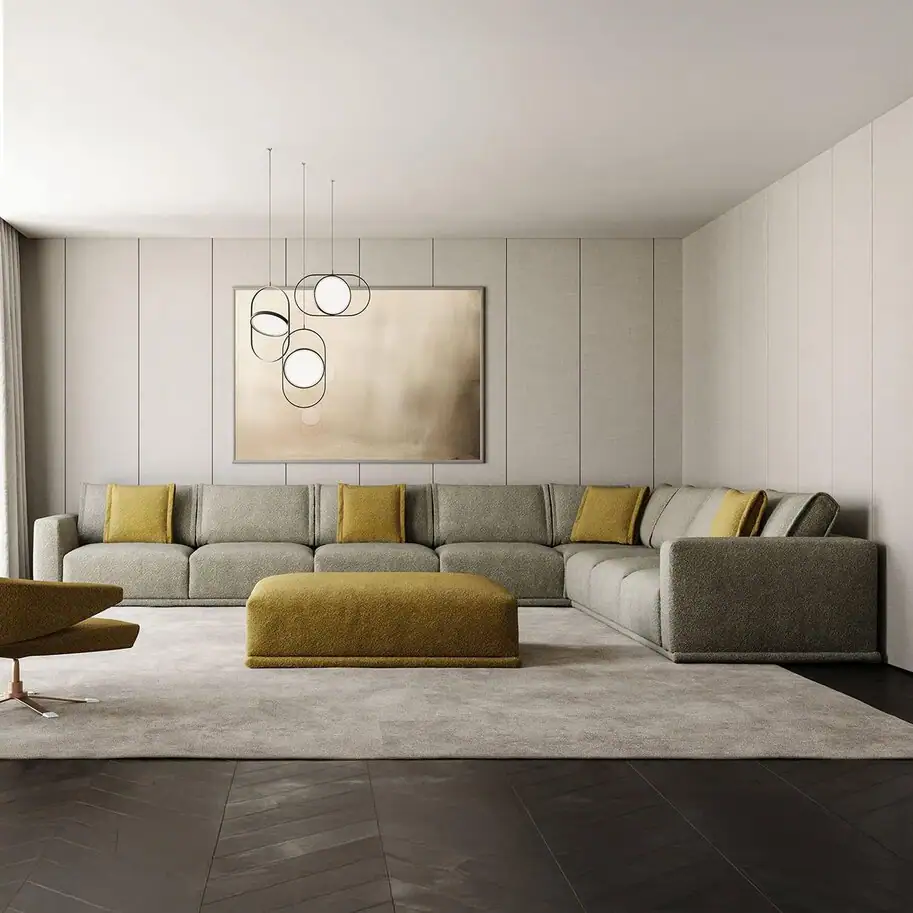 Luxurious modern sectional sofa with neutral tones and pop of yellow, stylish living room decor.