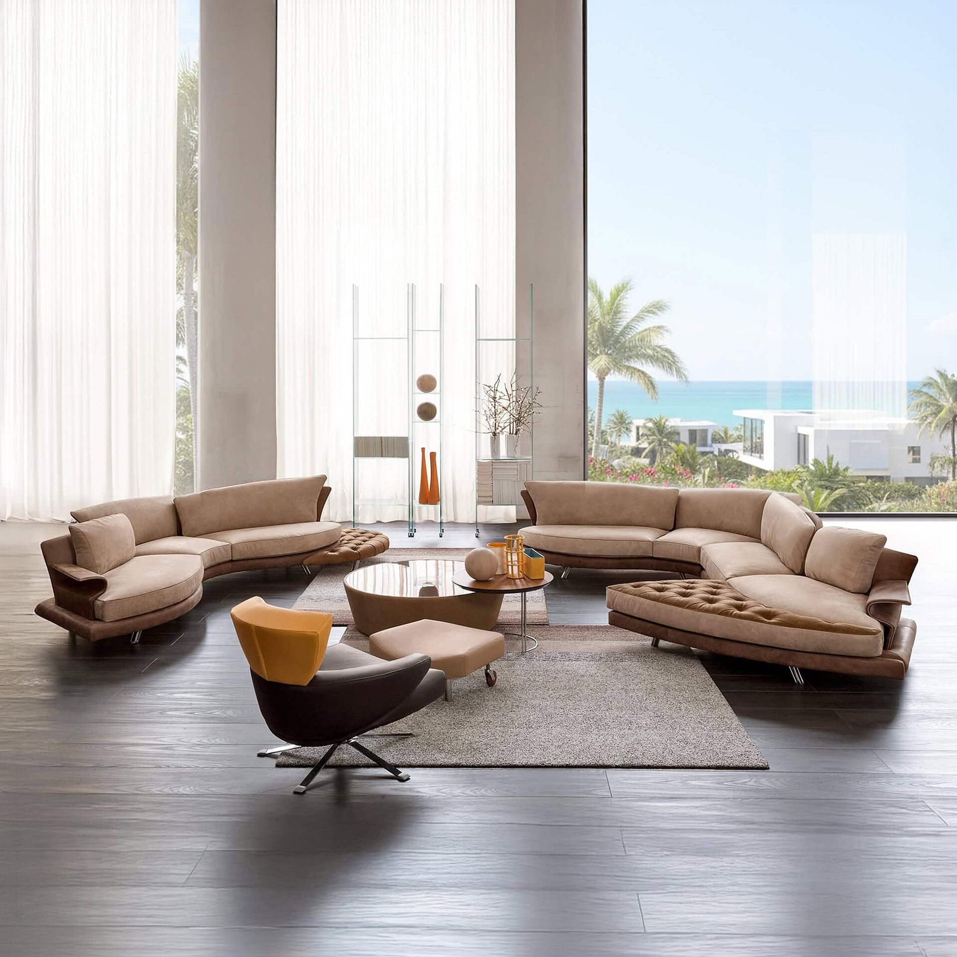 Luxurious modern sectional sofa with neutral tones and pop of yellow, stylish living room decor.
