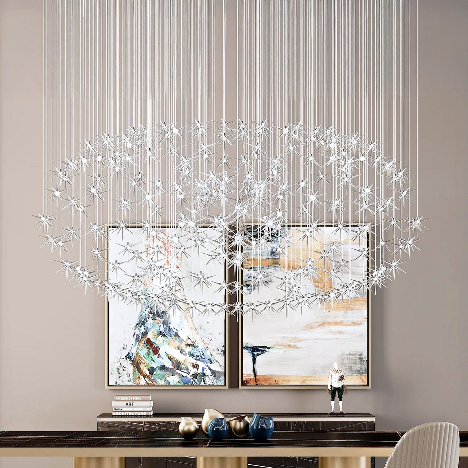 Elegant modern crystal chandelier with starburst design, ideal for luxury living room decor.