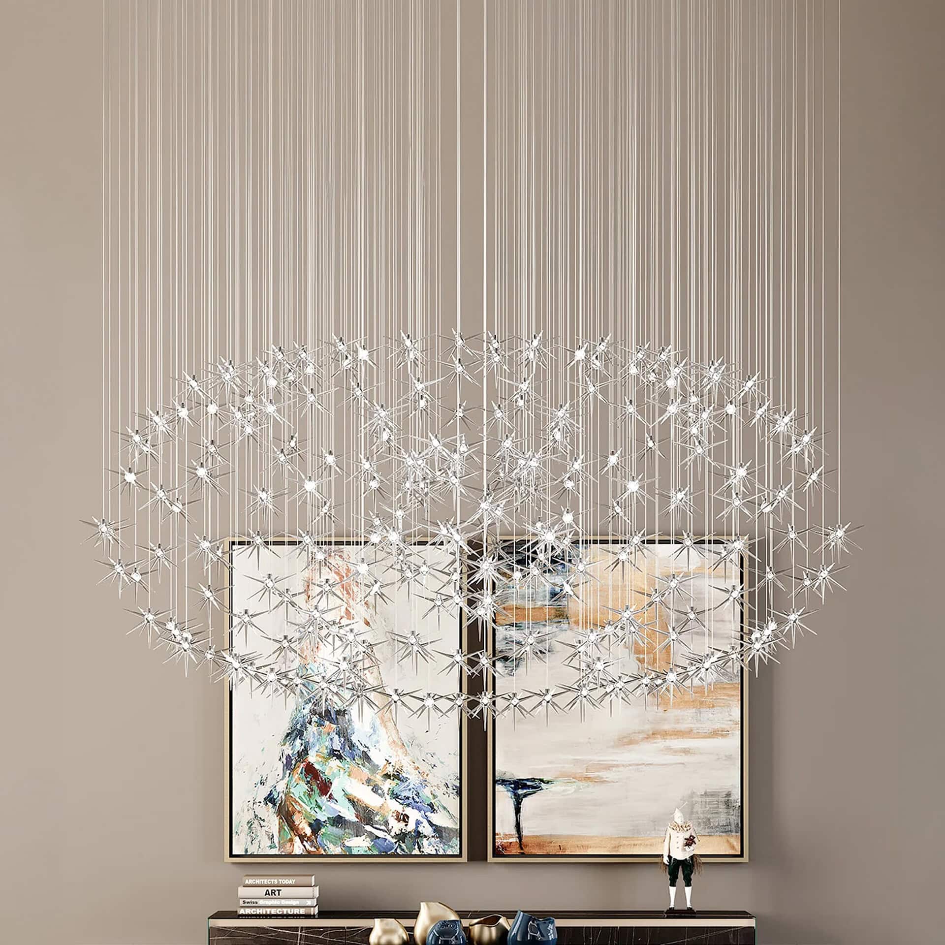 Elegant modern crystal chandelier with starburst design, ideal for luxury living room decor.