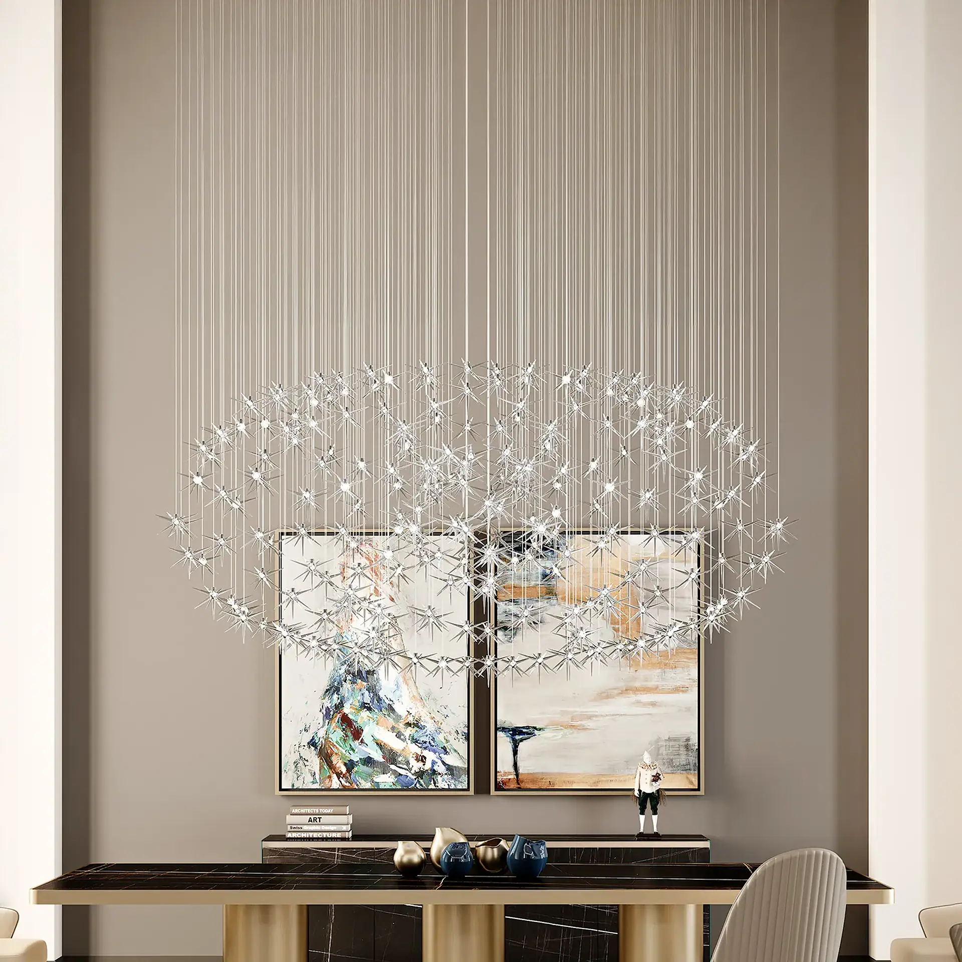 Elegant modern crystal chandelier with starburst design, ideal for luxury living room decor.