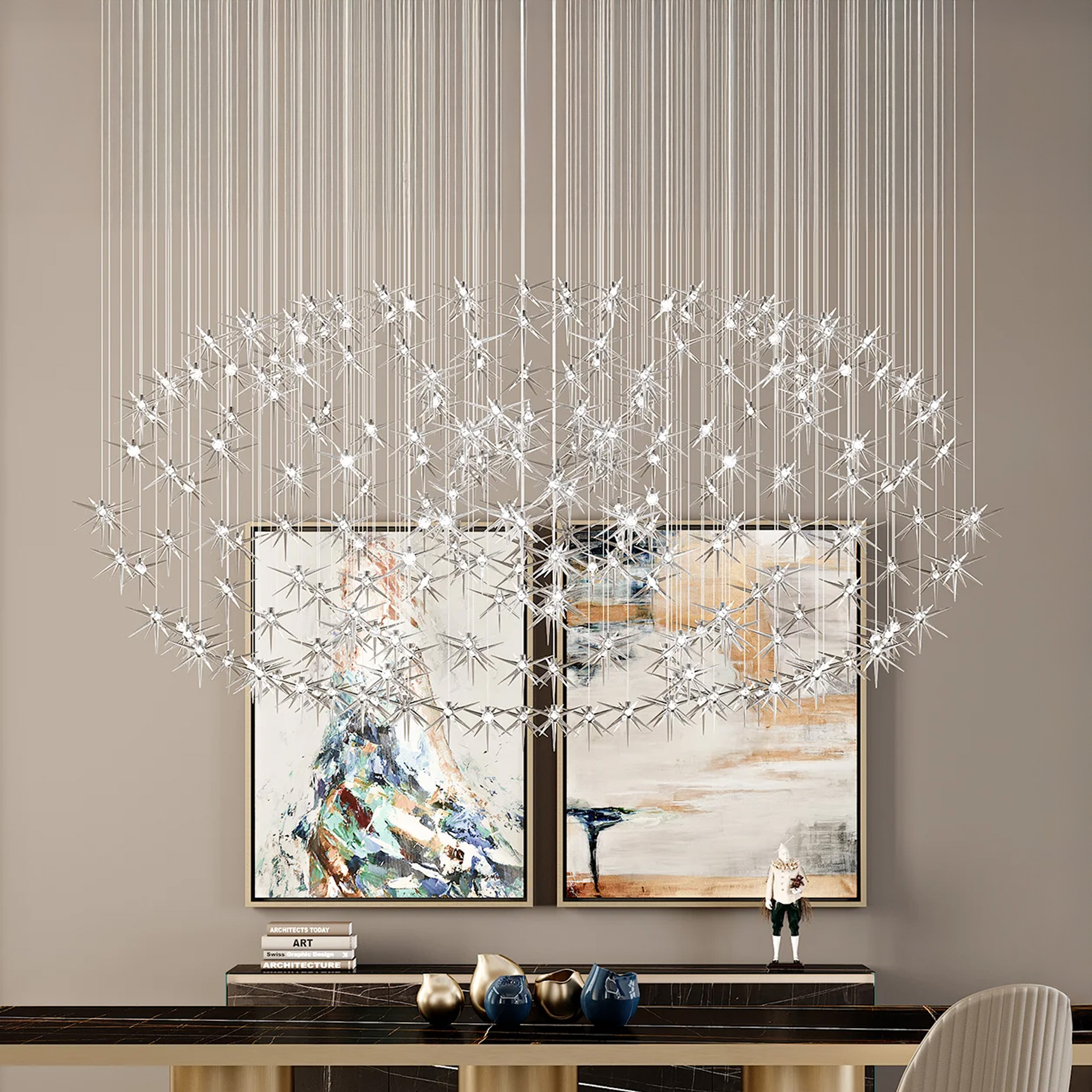 Stella Chandelier displayed above a dining table, featuring multiple glass stars in a luminous arrangement.