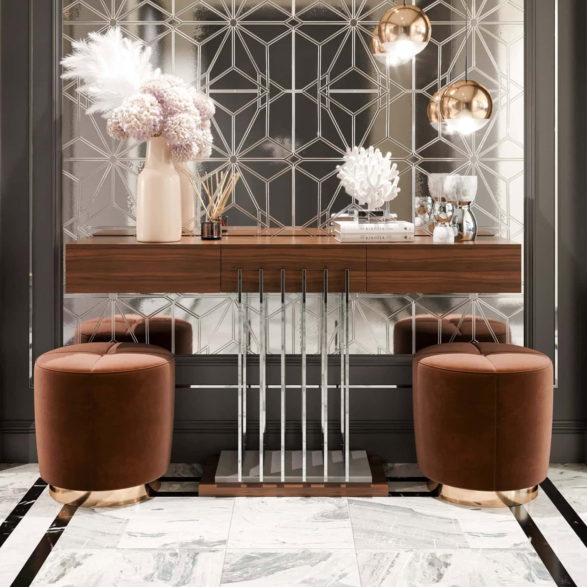 Elegant sculptural console table with a sleek design and metallic accents. Perfect for modern and co.
