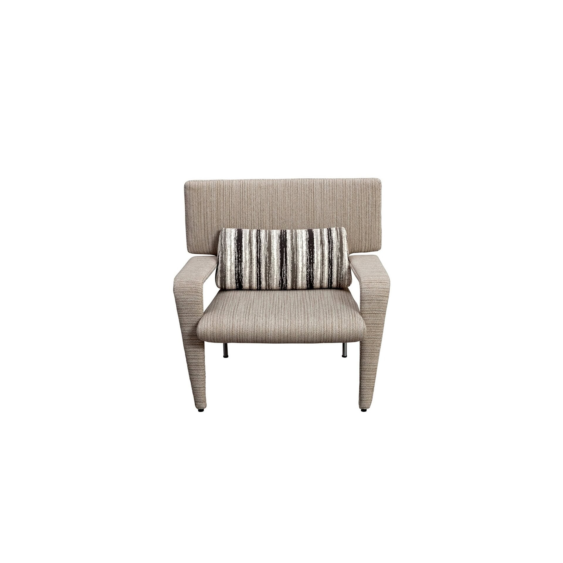 Front view of a single Mind Armchair in neutral upholstery with striped accent cushion, isolated on a white background.