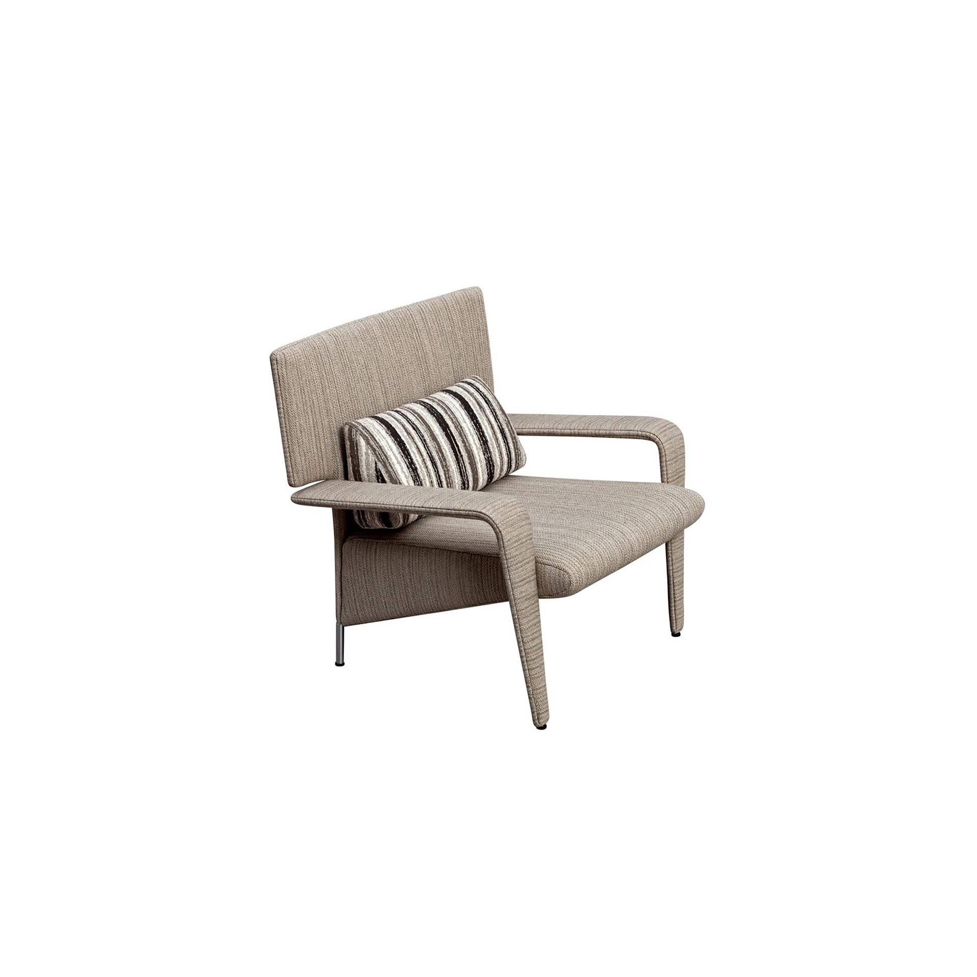 Angled side view of the Mind Armchair with wedge back cushion and padded armrests, upholstered in light grey fabric.