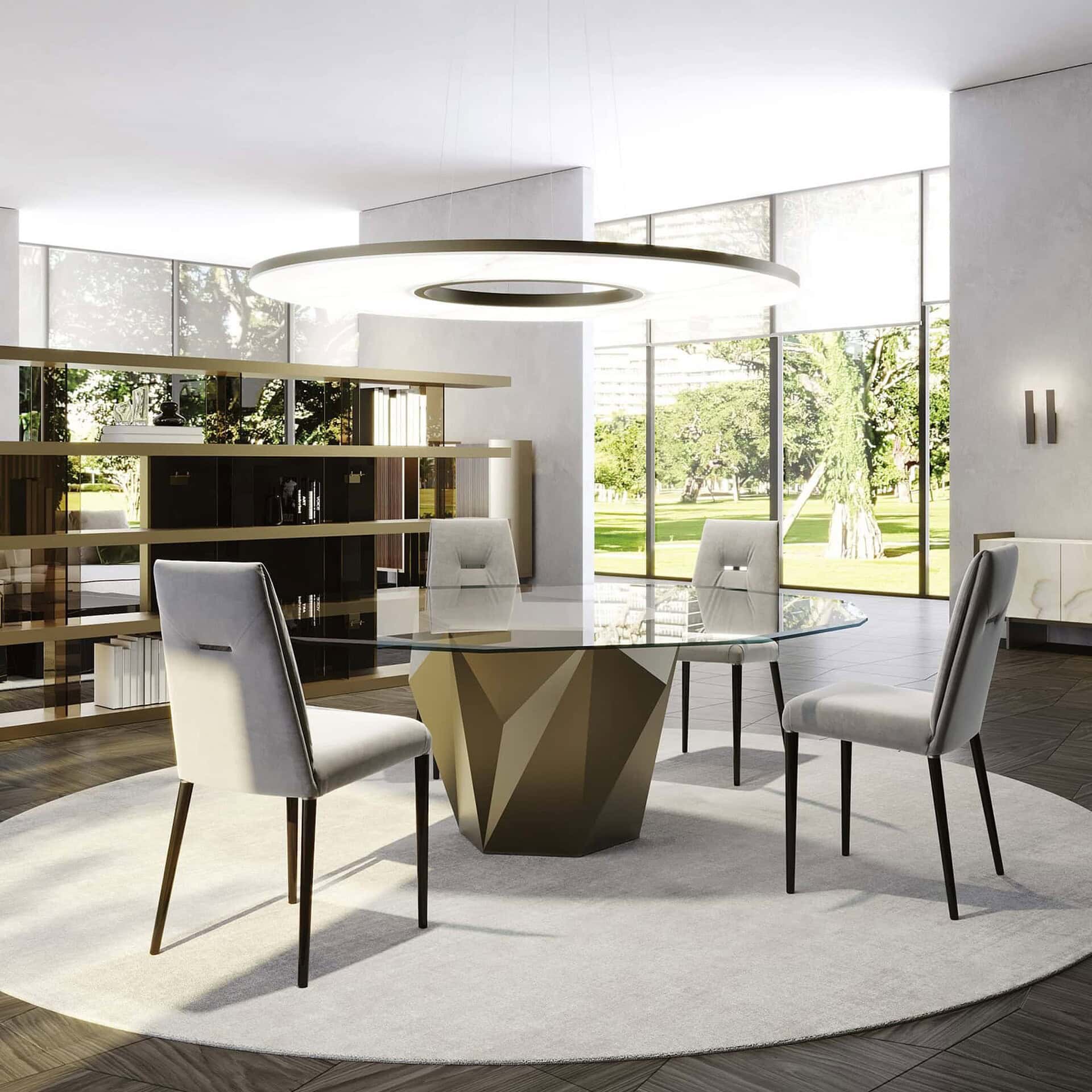 Contemporary dining room with modern table, elegant chairs, and large windows creating bright ambiance.