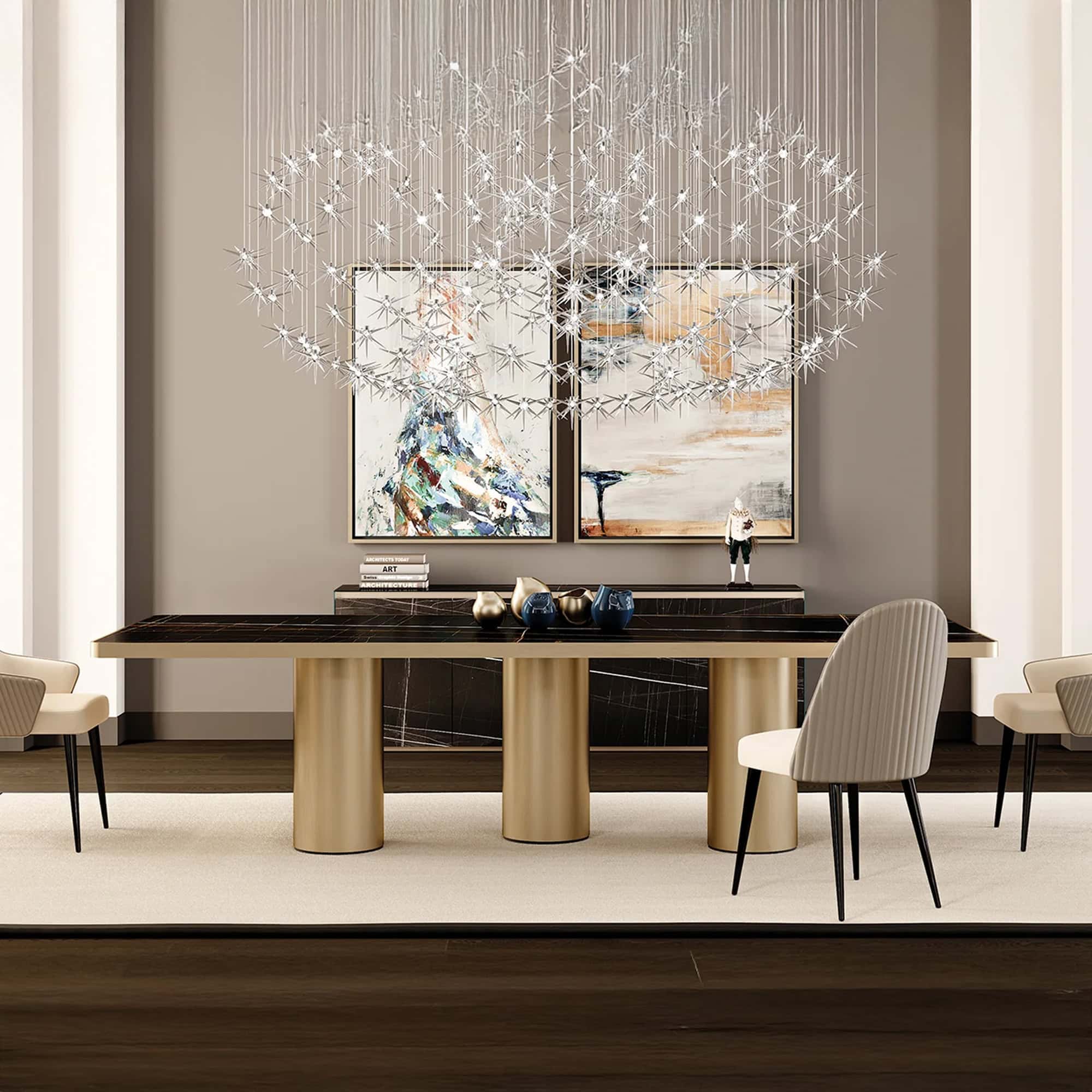 Contemporary dining room with modern table, elegant chairs, and large windows creating bright ambiance.