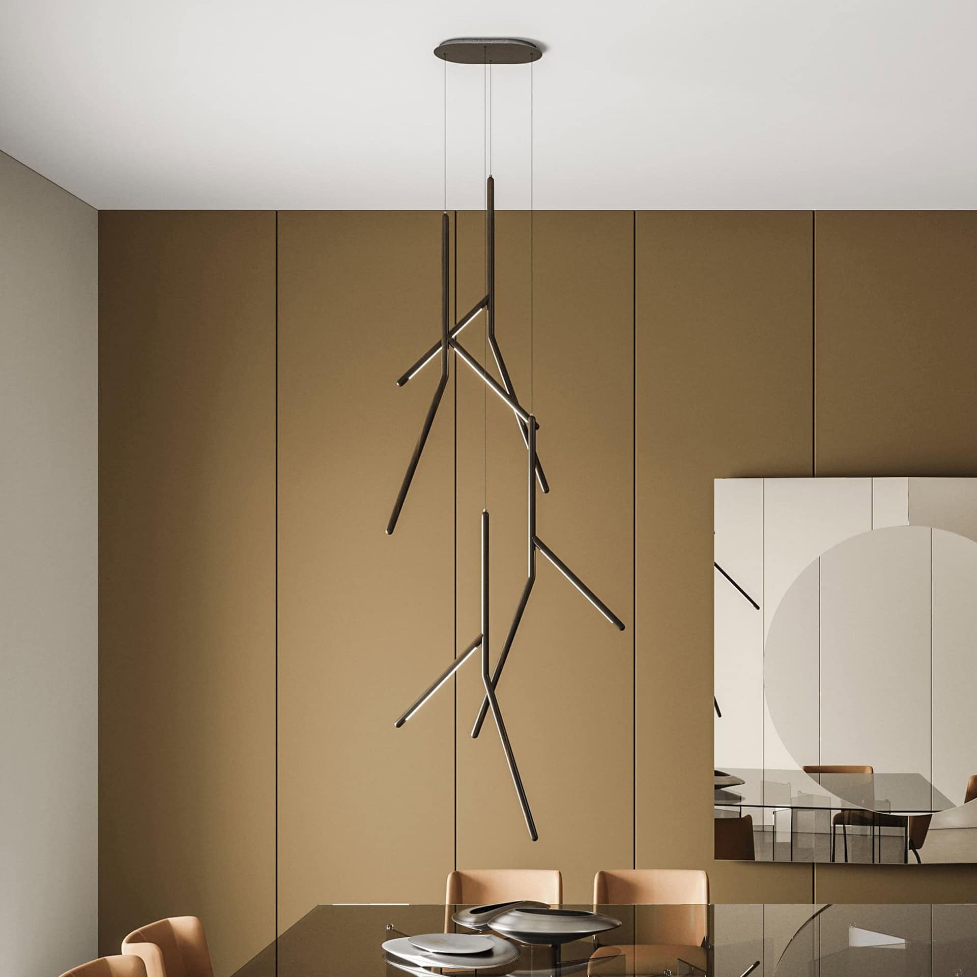 Modern Tonelli chandelier with sleek, angular design in a contemporary living space.