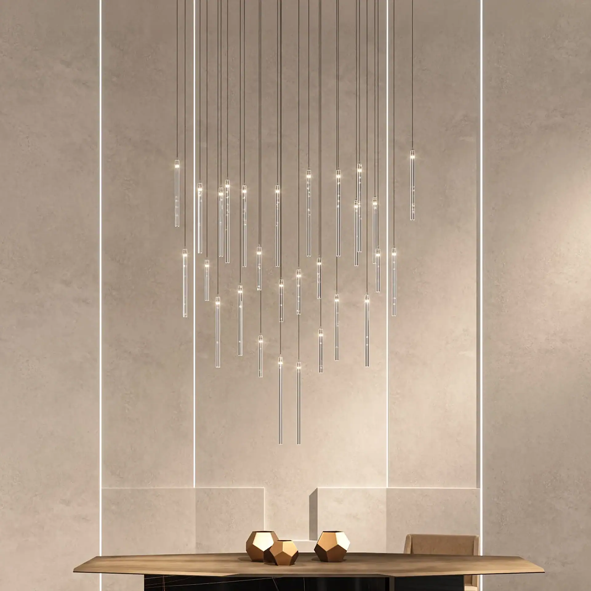 Sklar Furnishings crystal chandelier hanging in a modern room.