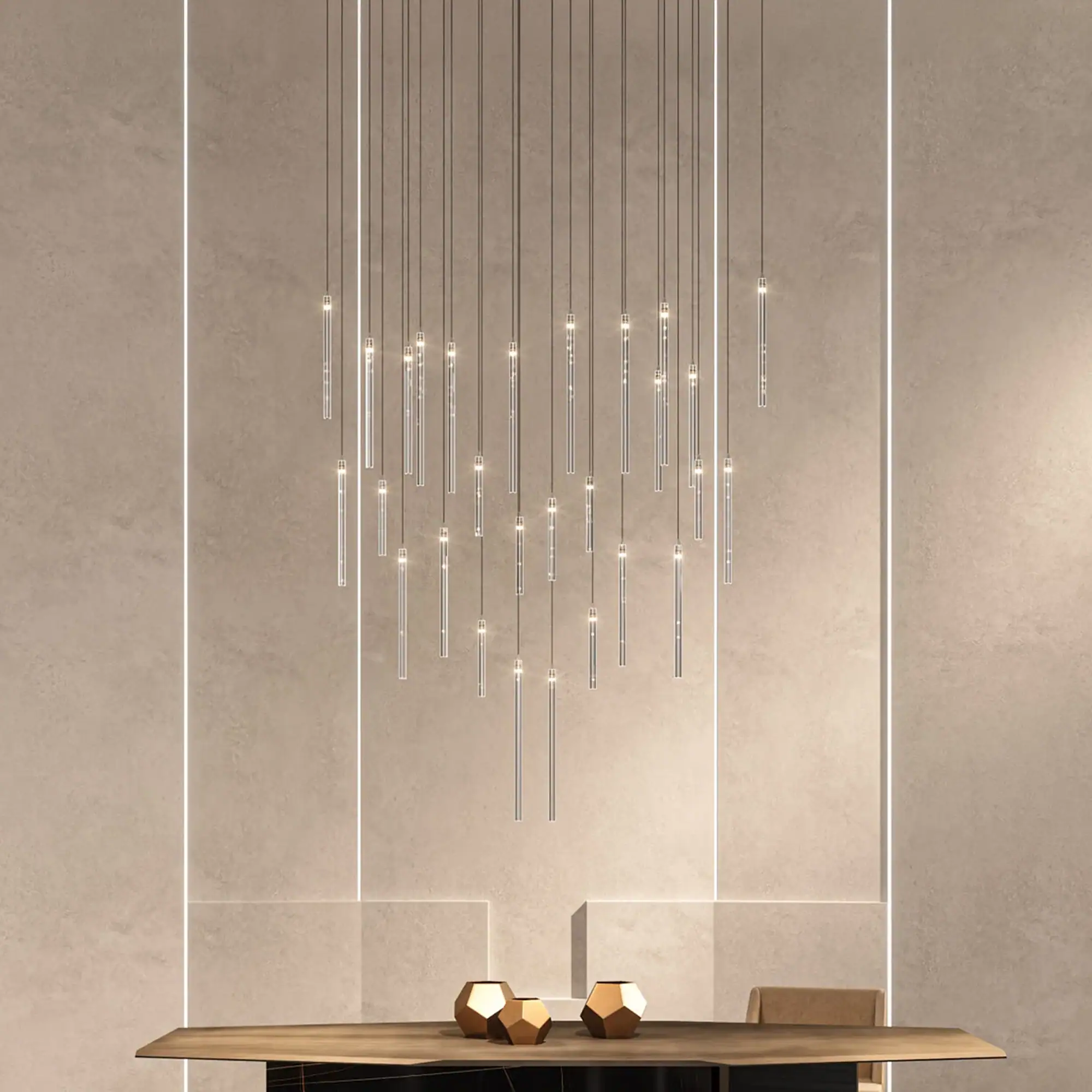 Sklar Furnishings crystal chandelier hanging in a modern room.