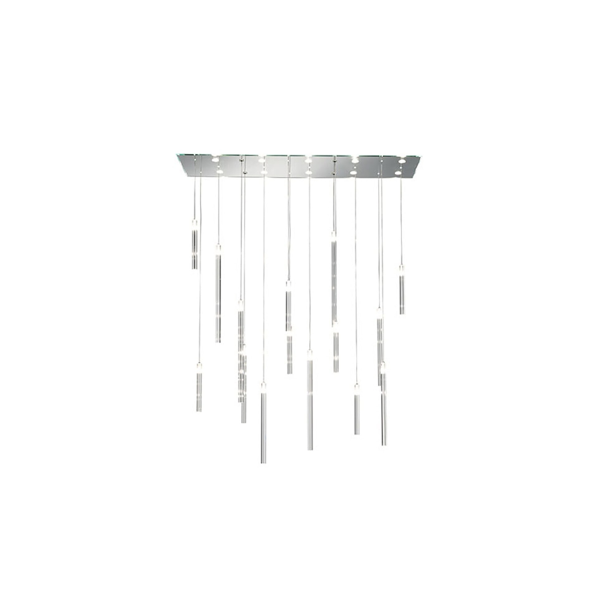 Elegant modern chandelier with clear glass rods and LED lighting accents.