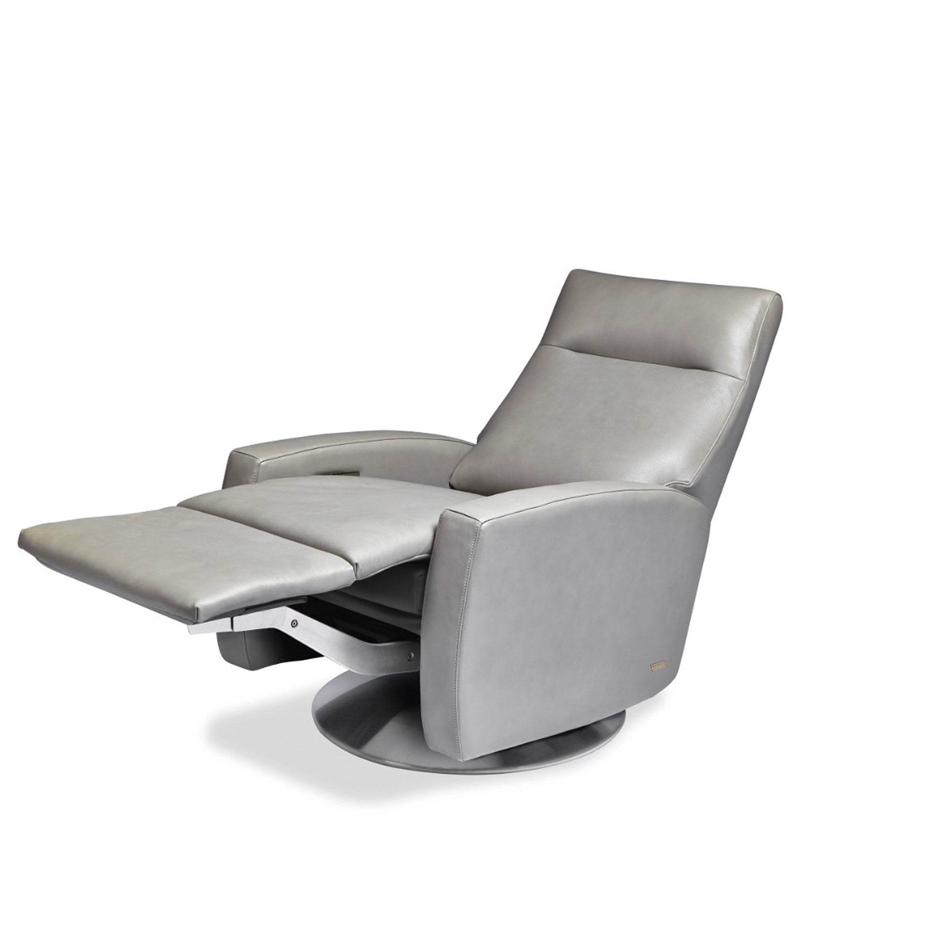 Recliner chair with matching ottoman in sleek gray leather, perfect for relaxation and modern home d.