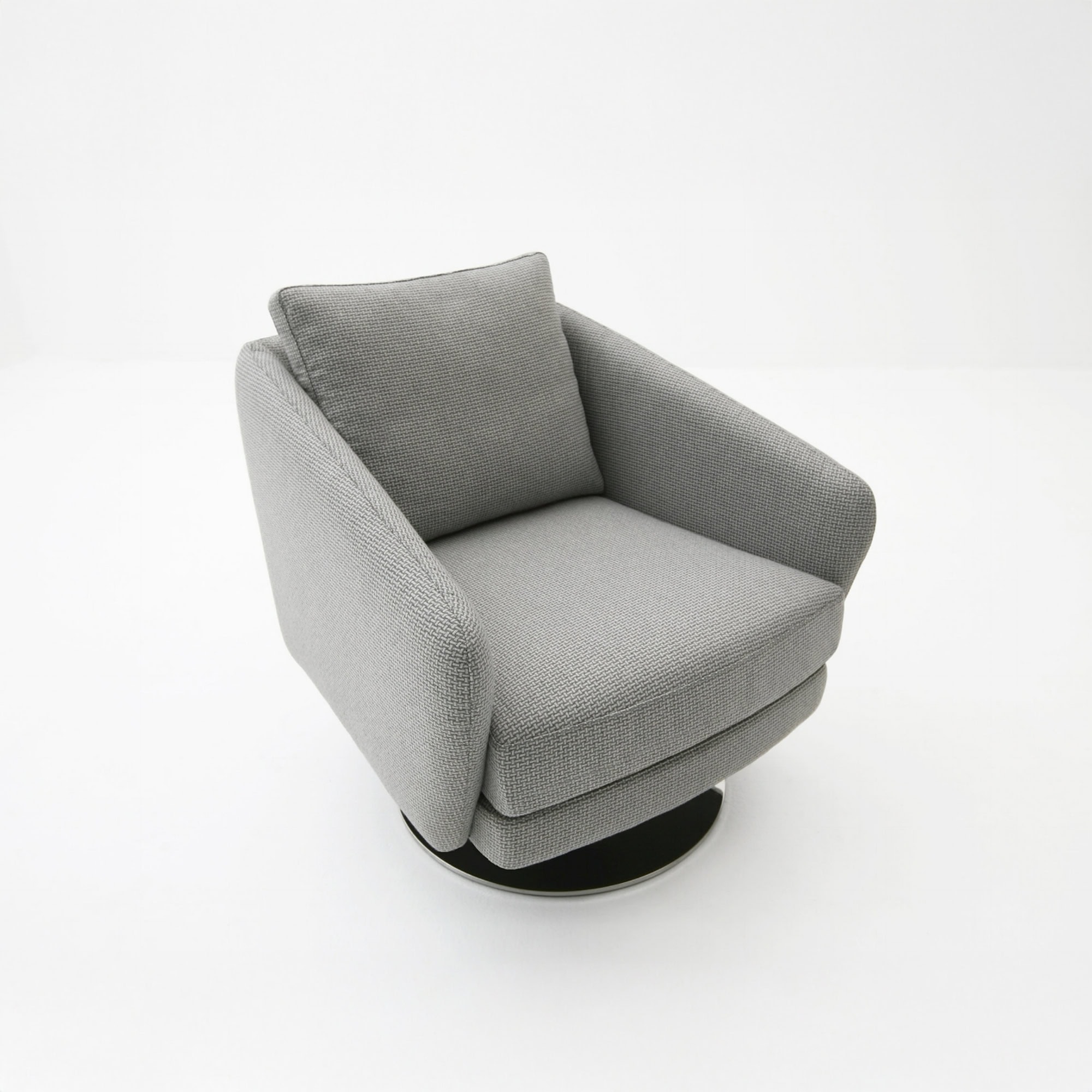 Front three-quarter view of a Regis Upholstered Swivel Chair in light gray fabric with plush cushioning and chrome swivel base on a white background.
