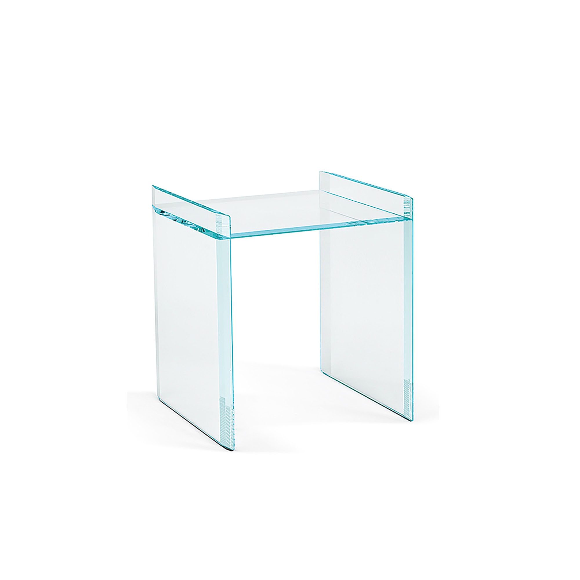 Clear glass Quiller side table with shelf, angled view.