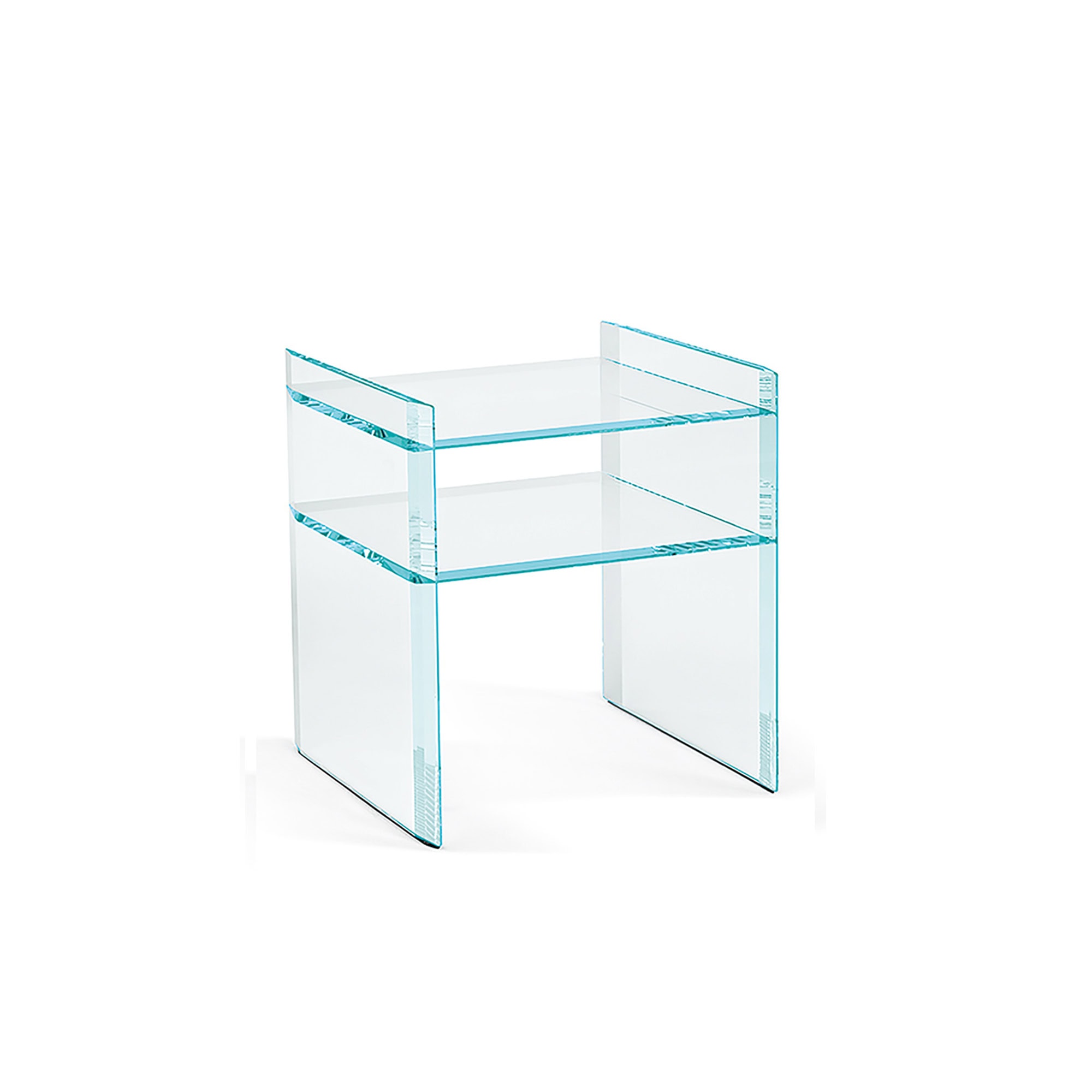 Clear glass Quiller side table with shelf, straight-on view.