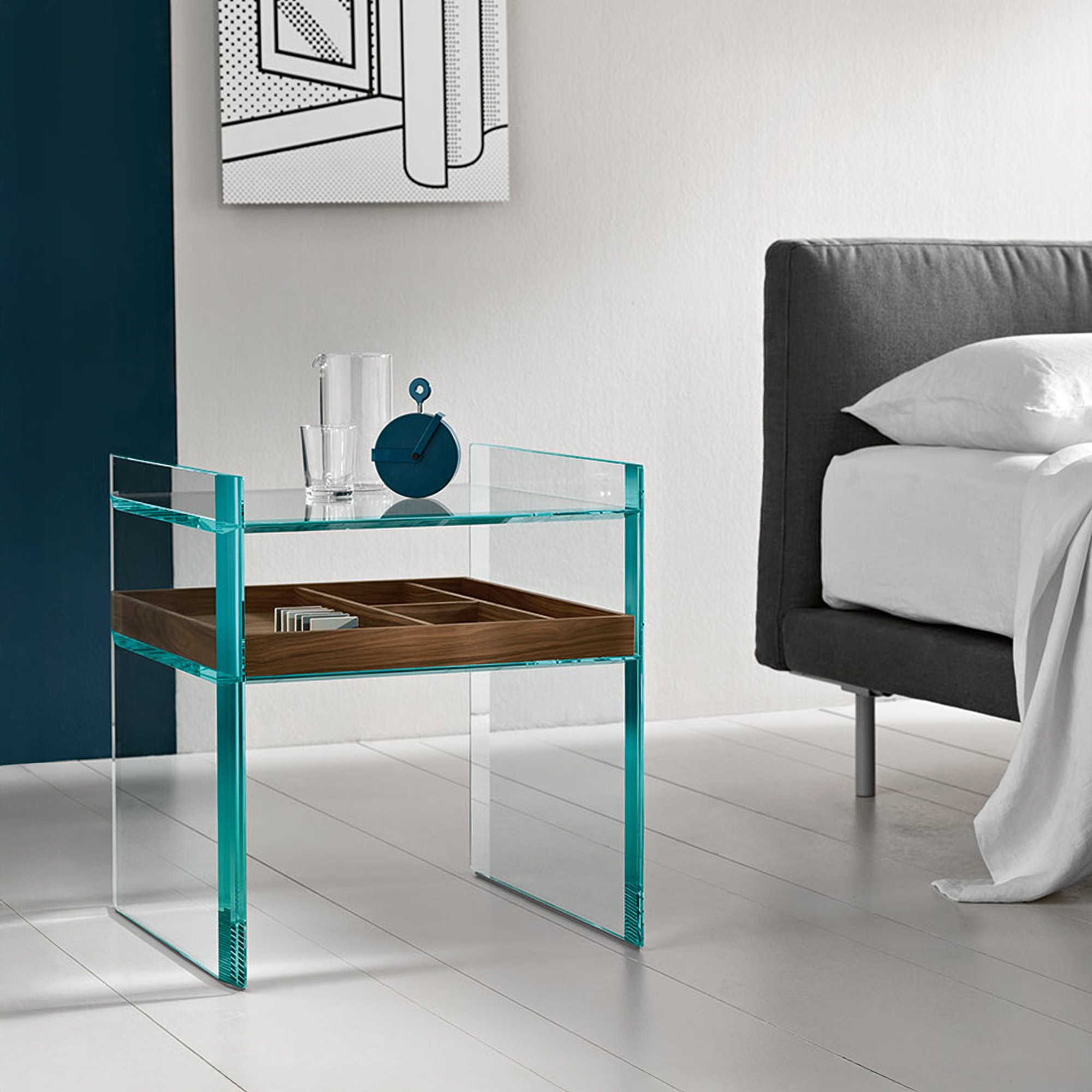 Quiller side table with shelf in a modern bedroom setting, styled with decor.