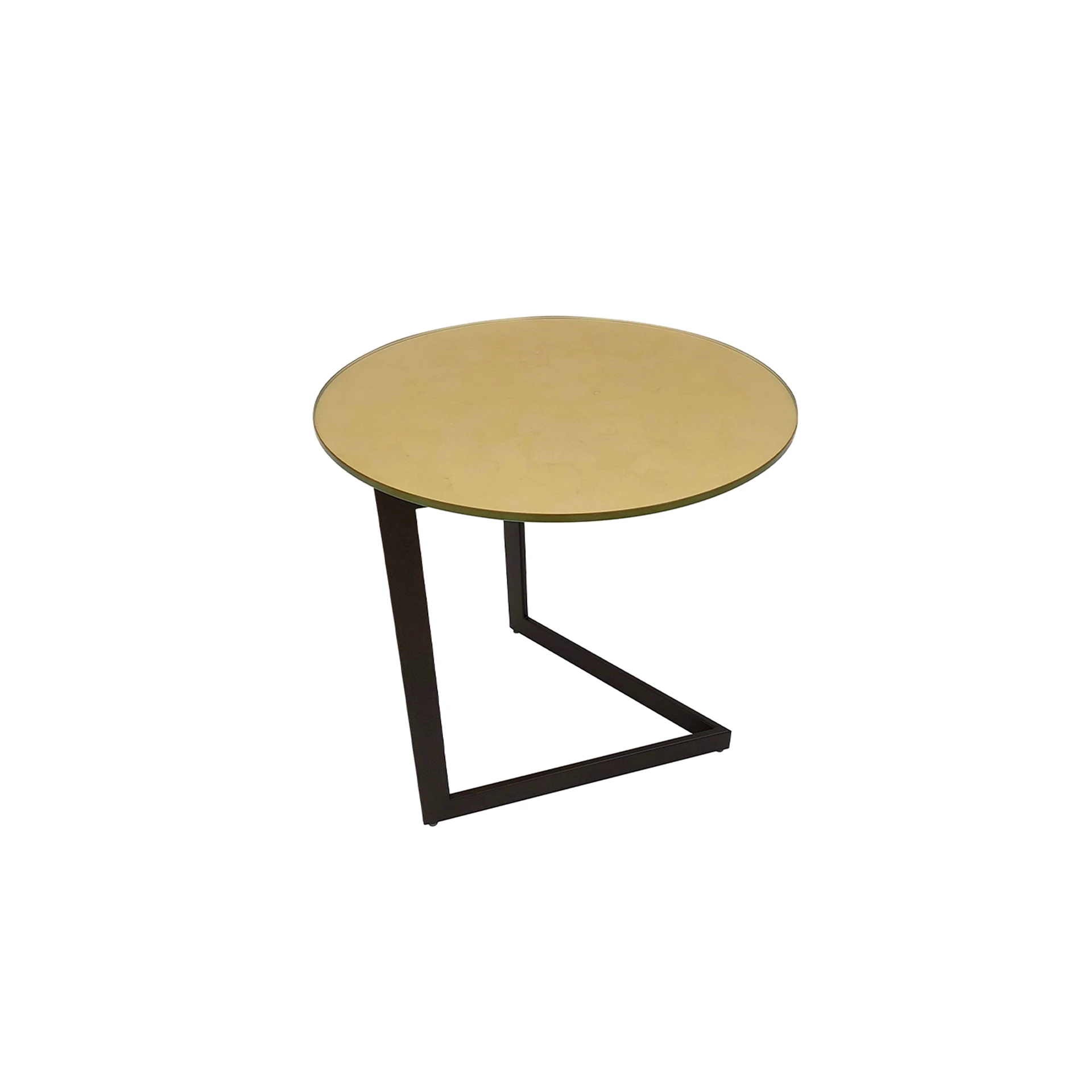 Round side table with a light brown top and a dark, C-shaped metal base on a white background.